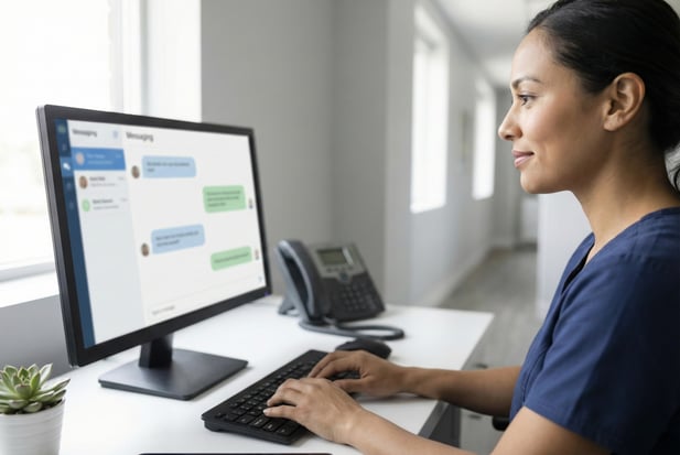 Medical staff member using a HIPAA-compliant texting dashboard in a modern clinic setting