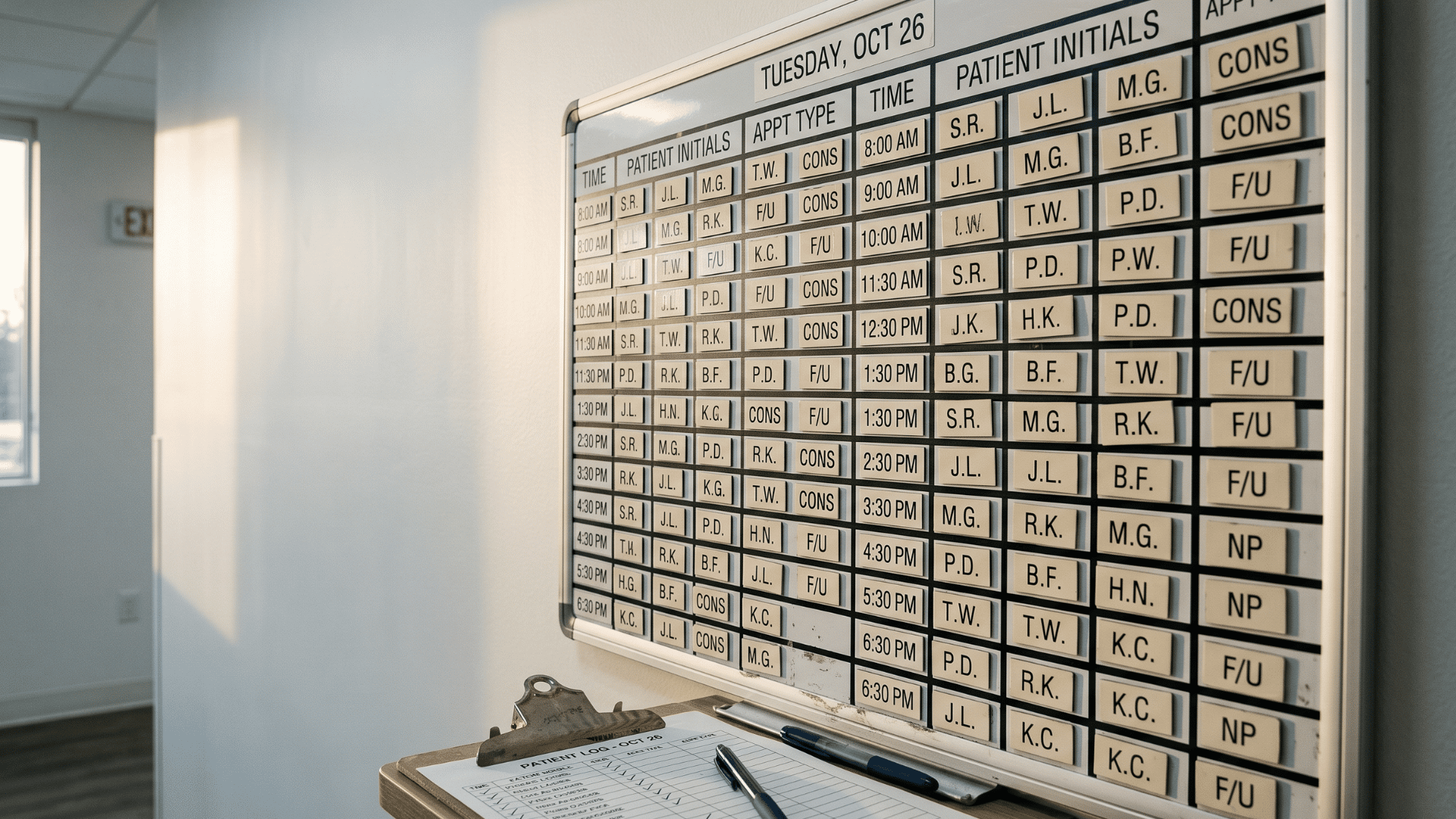 Fully booked clinic appointment board showing scheduled patients after a successful recall text campaign