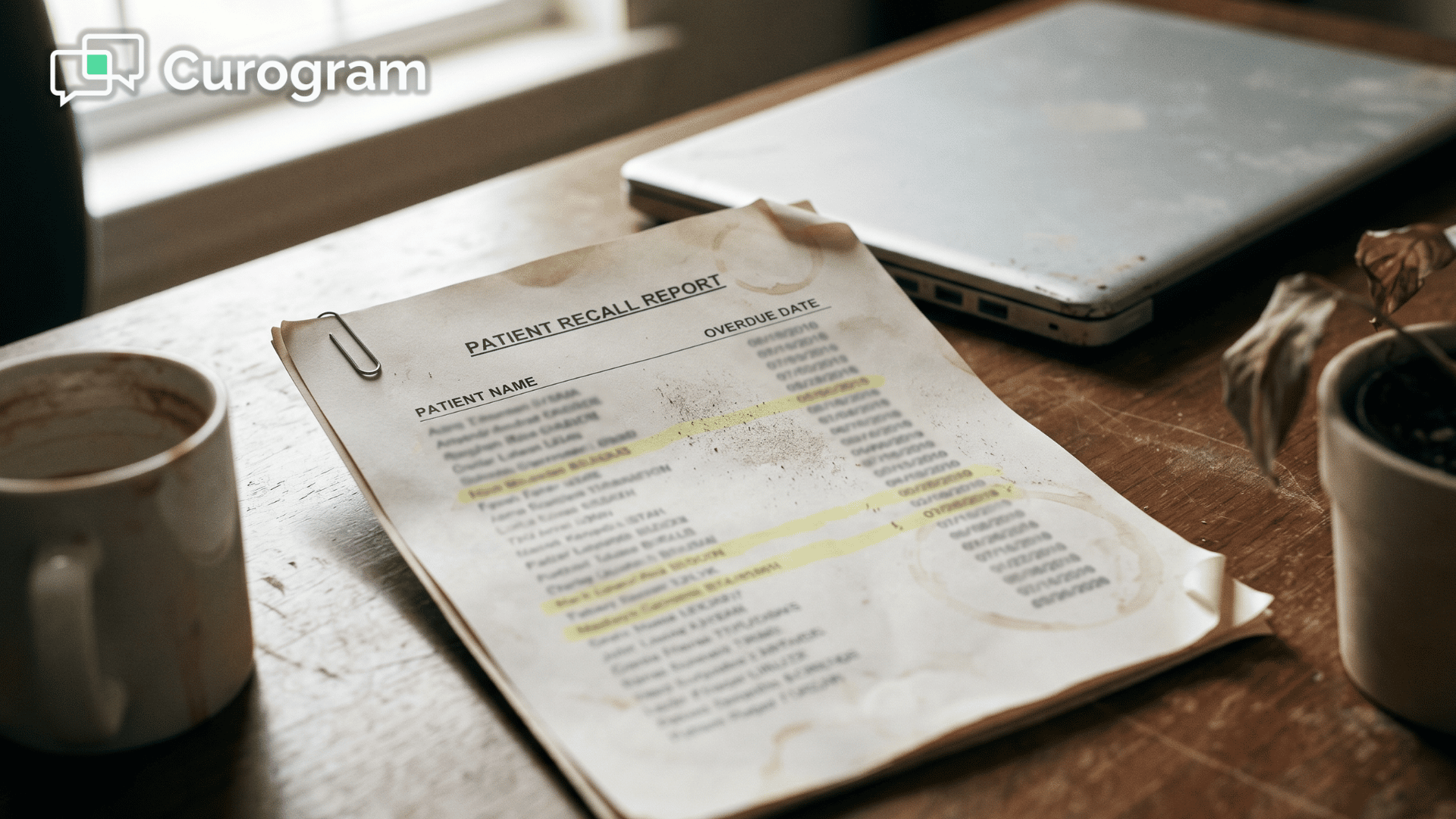 Forgotten printed patient recall list on a clinic desk illustrating overdue follow-ups in medical practices