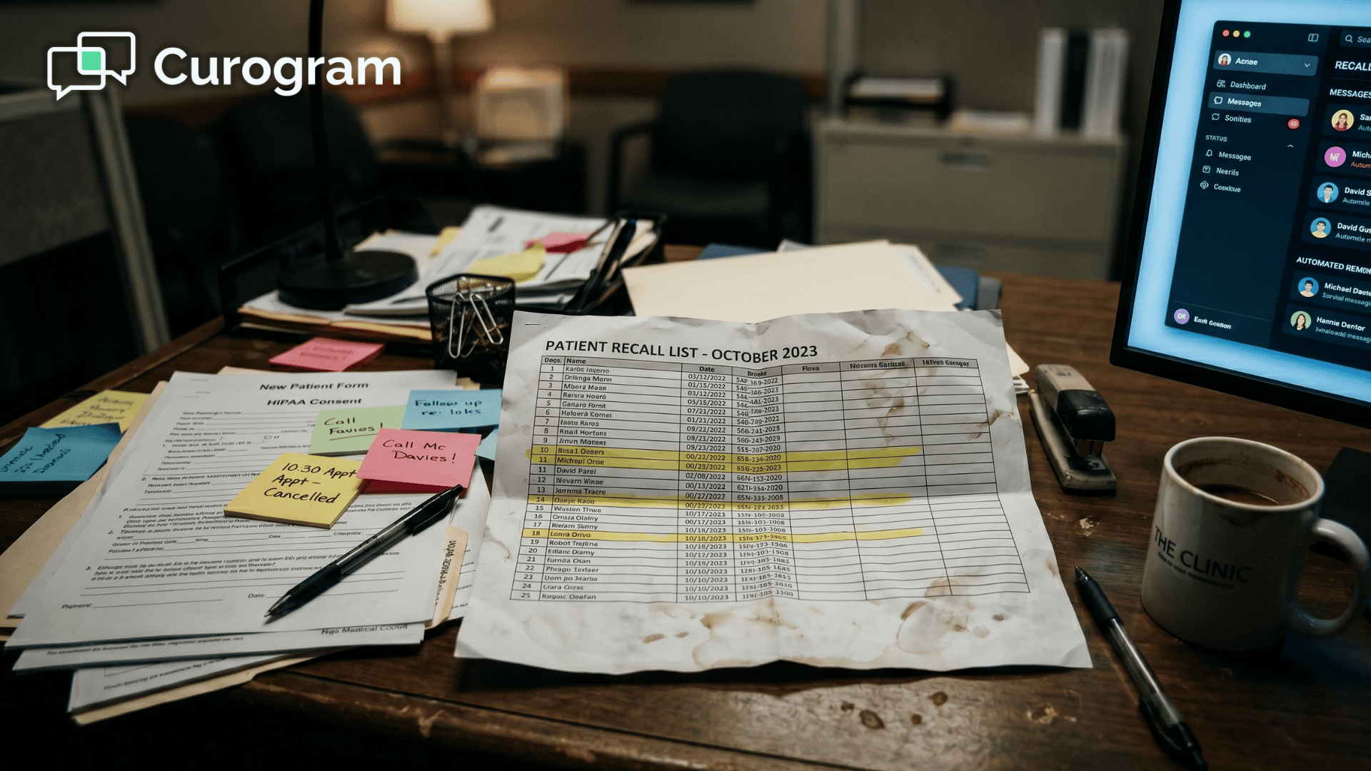 Abandoned patient recall printout on a front desk beside a glowing Modmed messaging dashboard.