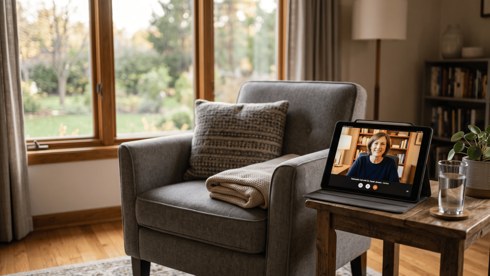 Home living room with a tablet showing a HIPAA-compliant Osmind video follow-up