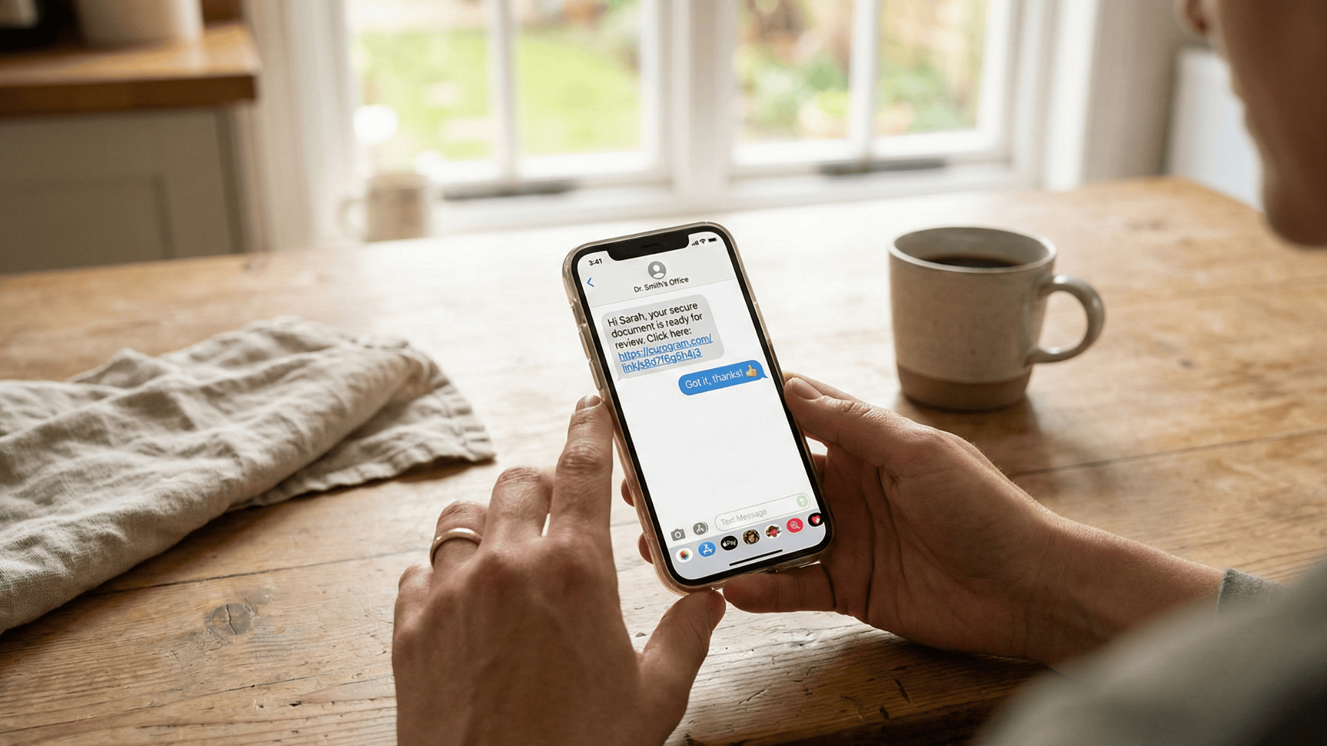 Patient responding to a secure text message from their medical practice on a smartphone