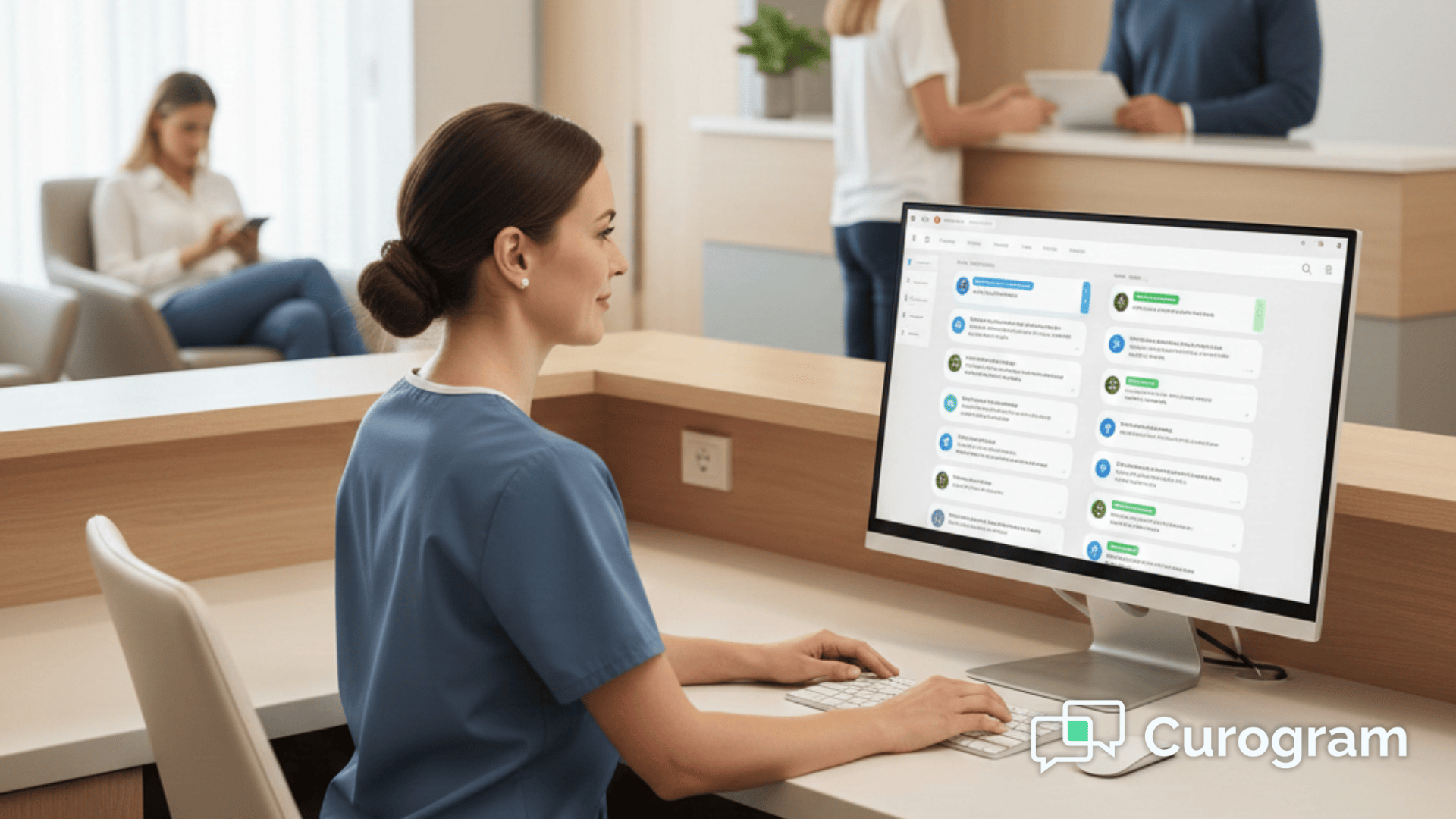  Front desk staff managing patient texts on Curogram dashboard integrated with CureMD