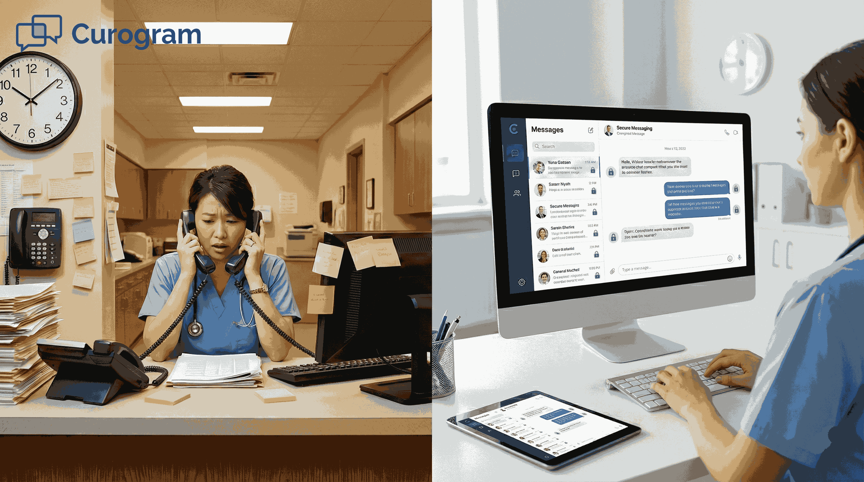 Comparison of overwhelmed receptionist with phones vs calm staff using Curogram secure messaging