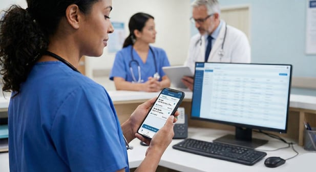 Nurse uses a smartphone with a HIPAA-compliant texting app in a hospital setting