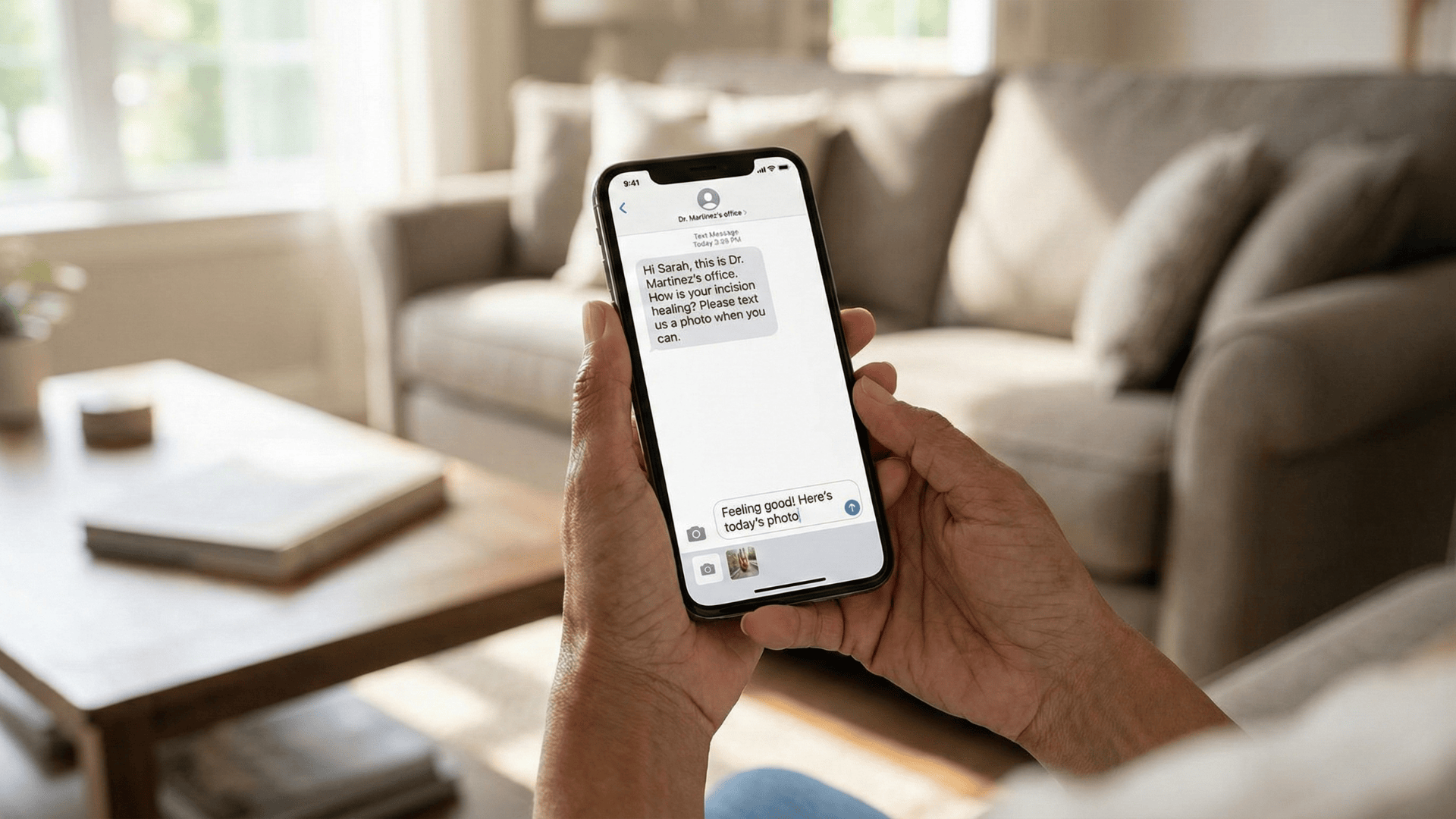 Patient texting clinical photo to doctor's office from smartphone at home