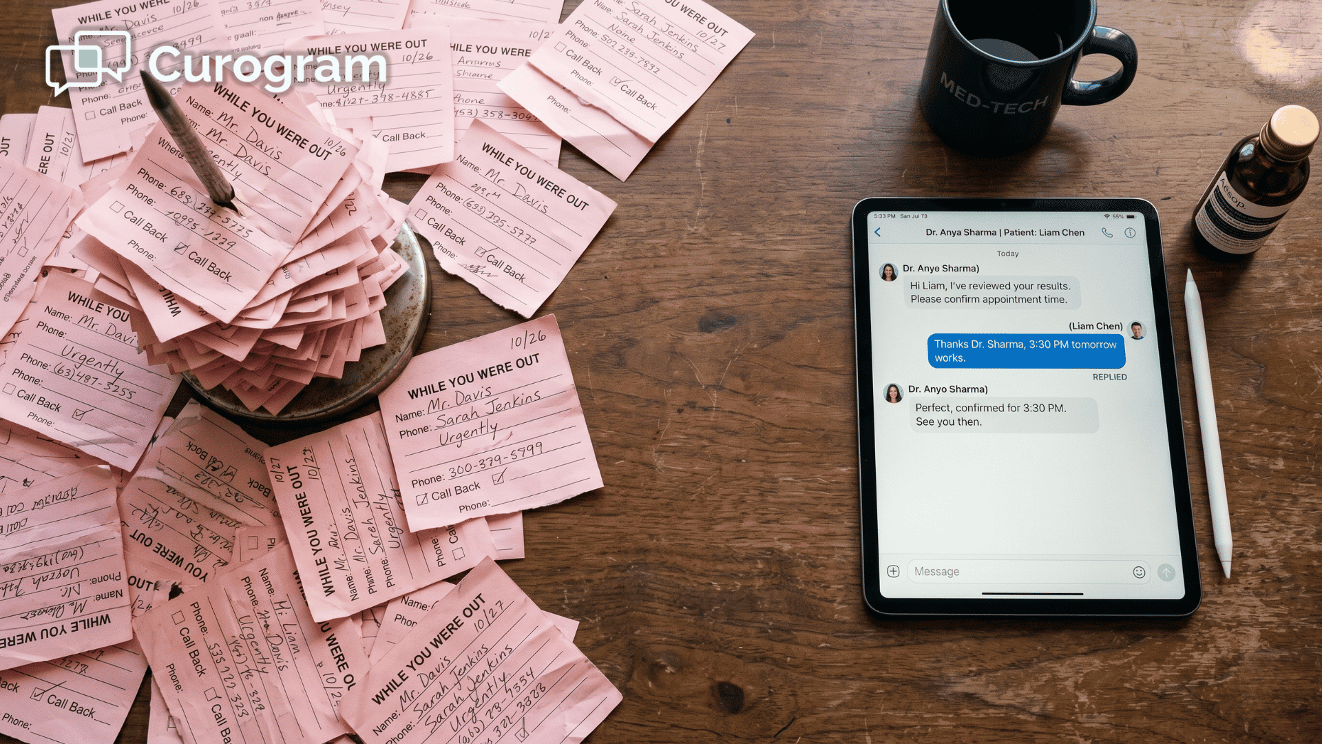 Pile of pink call-back slips beside a phone showing an organized two-way text thread