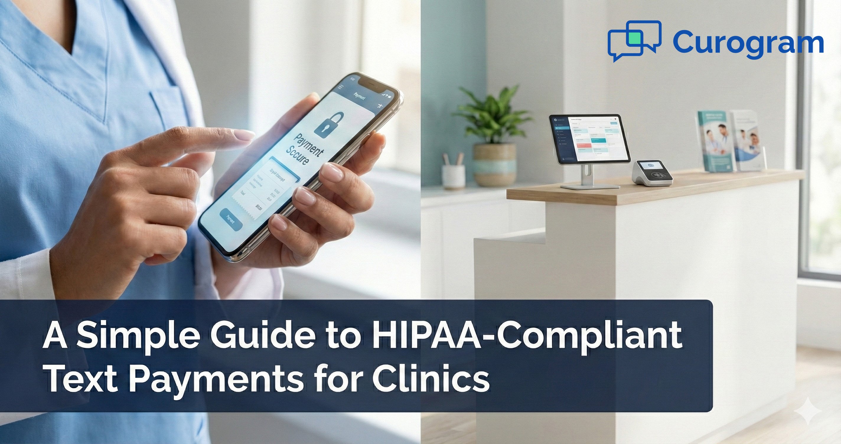 Nurse with secure payment app and clinic reception, for a guide on HIPAA-compliant text payments