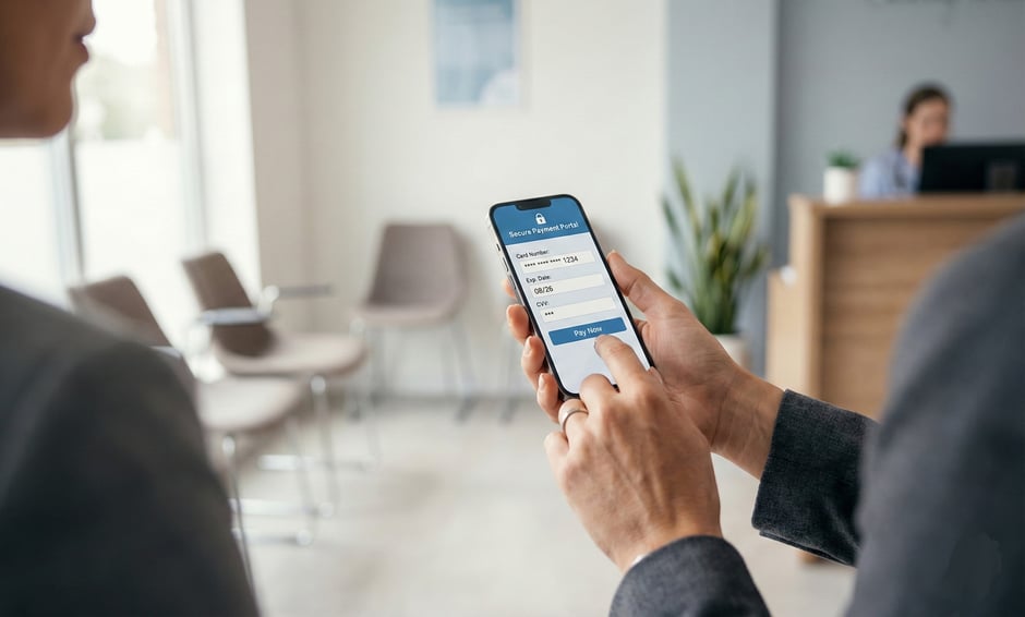 Patient making a secure mobile payment on their phone in a clinic waiting room