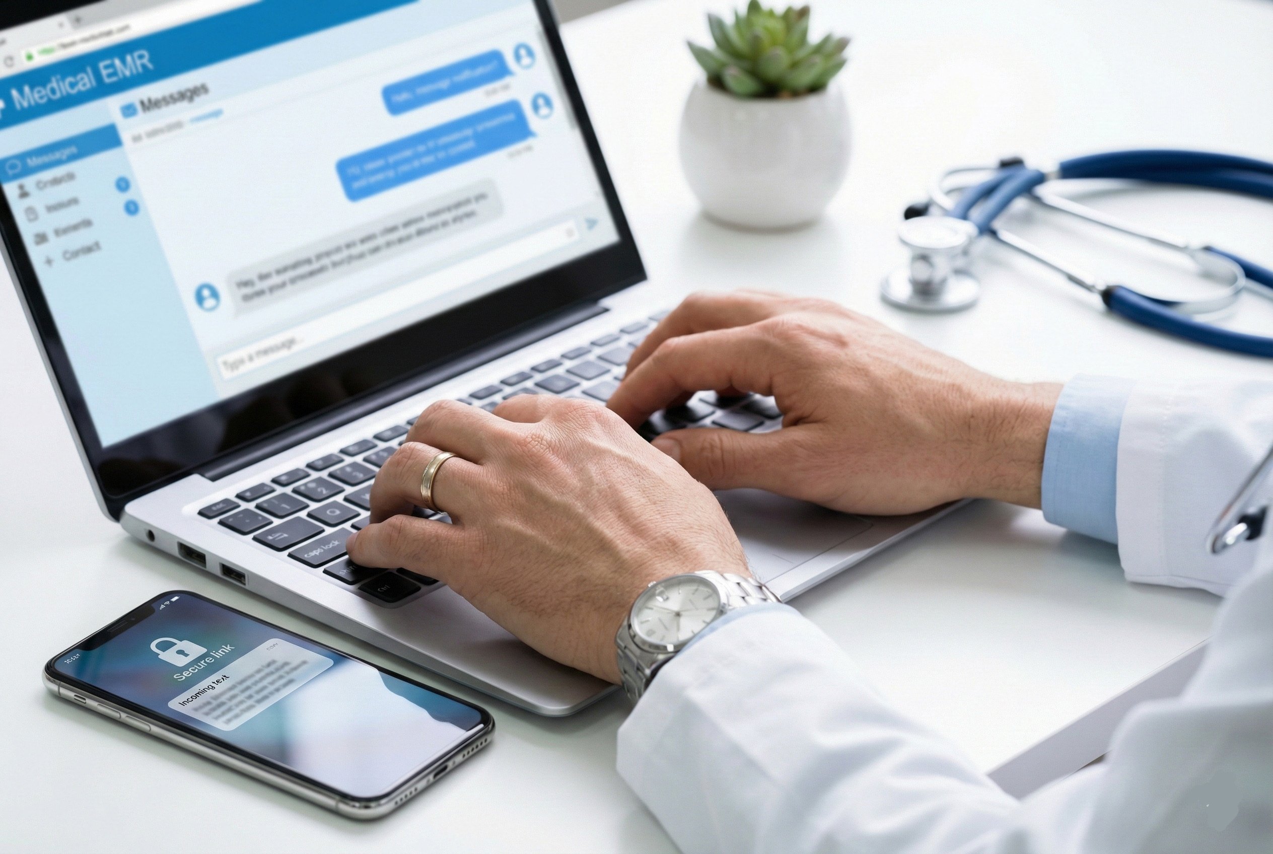Close-up of a doctor's hands managing secure texts on an EMR laptop and smartphone