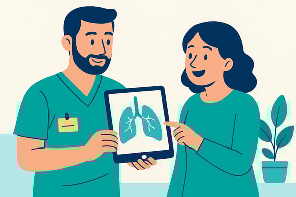 An illustration showing what a health care worker can do to ensure a patient understands medical information using the teach-back method with a tablet.