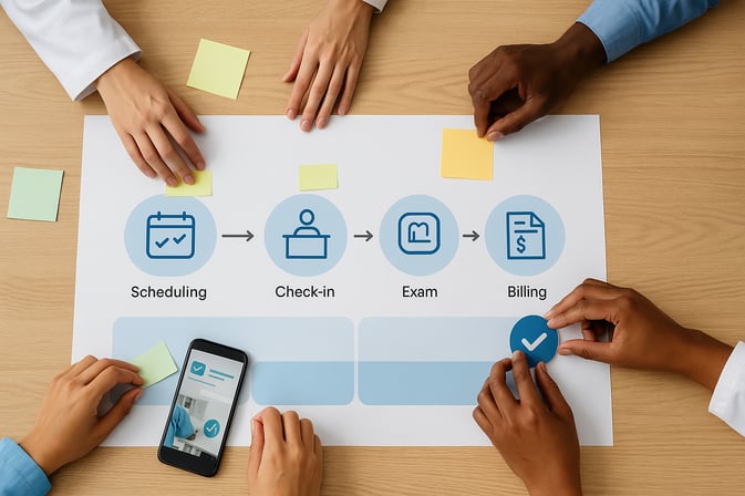 A medical team collaboratively mapping out a patient journey on a large chart, a key step in improving workflow in healthcare.