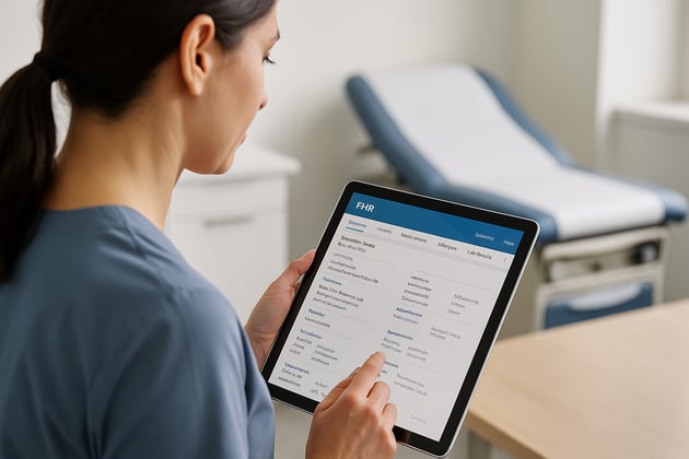 A doctor uses a tablet to review an EHR, showcasing technology's role in streamlining the workflow in a medical office.