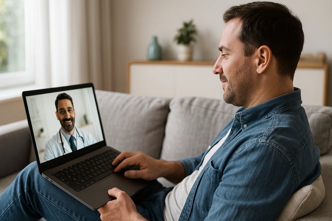 A patient conveniently using a telehealth service on his laptop to connect with his doctor, showing how technology can attract patients.
