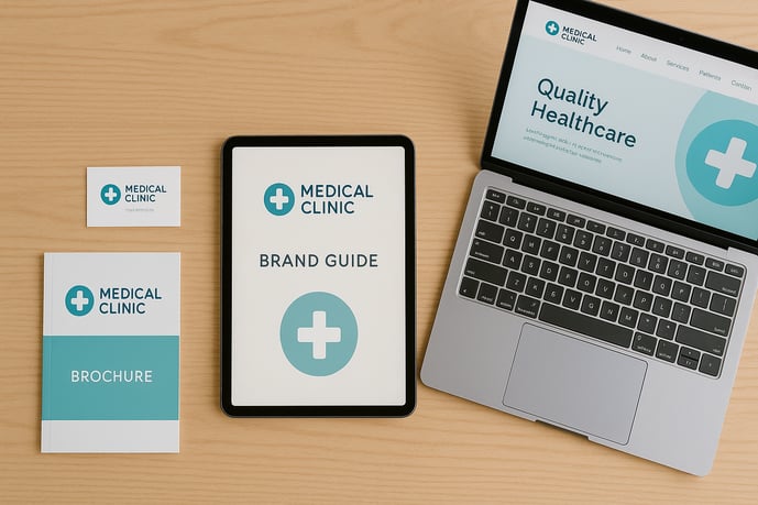 A collection of foundational branding materials for a medical practice, including a logo and website design, laid out on a desk to attract patients to your clinic.