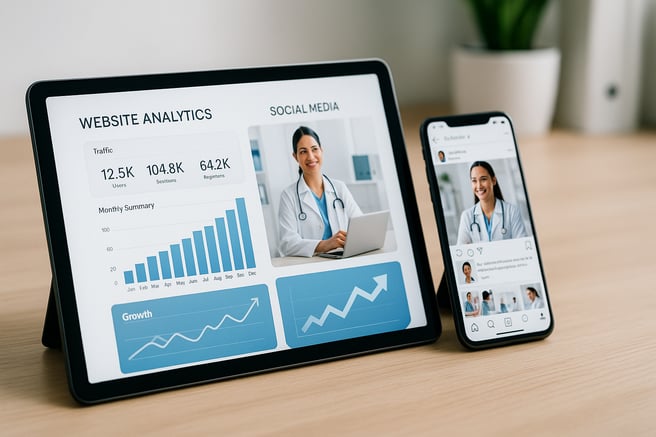 A tablet and smartphone displaying the successful digital marketing results for a clinic, a key part of how to get more patients in 2025.