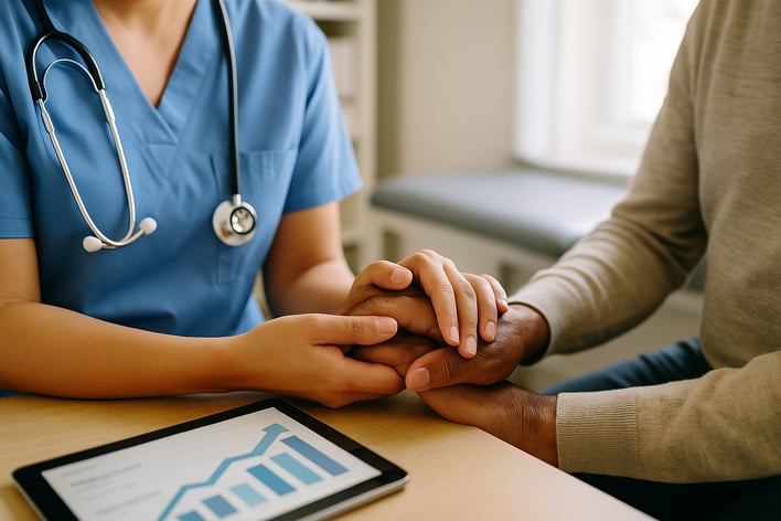 A compassionate nurse providing a comforting experience for a patient, highlighting the importance of patient care to attract new patients.