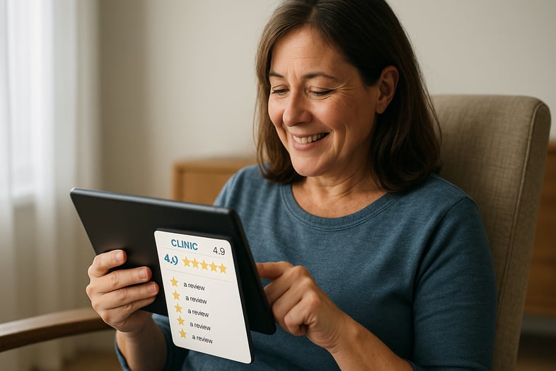 A satisfied person reading positive 5-star online reviews for a local clinic on a tablet, demonstrating how reputation builds trust.