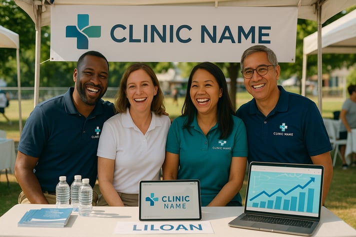 A medical clinic's team engaging with their local community at a health fair, an effective offline strategy to attract new patients.