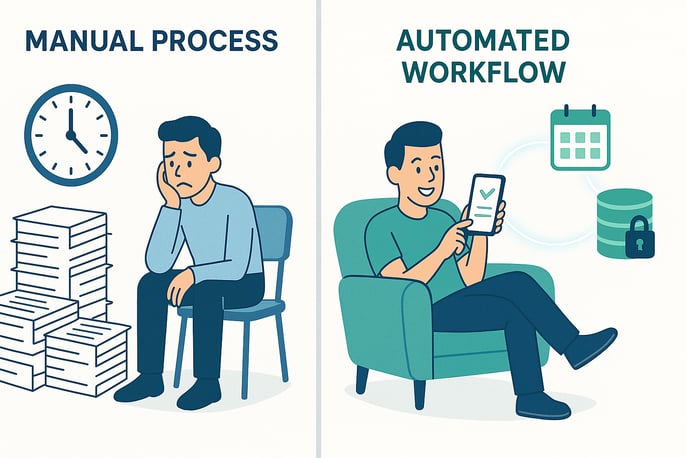 Infographic comparing a manual paper-based process to the efficiency of healthcare workflow automation, where a patient uses a smartphone for digital registration.