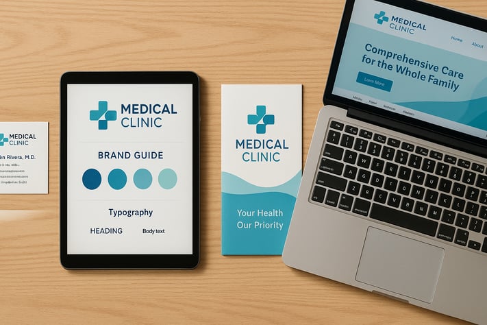A collection of foundational branding materials for a medical practice, including a logo, website, and color palette, essential for attracting patients to your clinic.