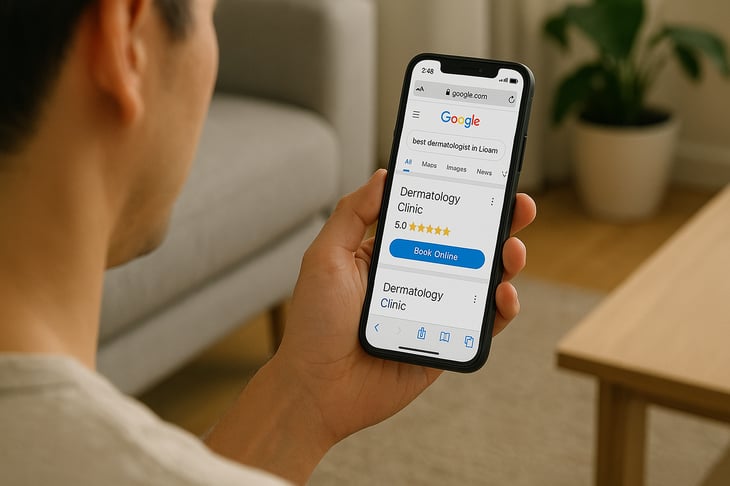 A person using a smartphone to search for a local doctor, finding a top-rated clinic via Google—showing how local SEO helps get more patients.