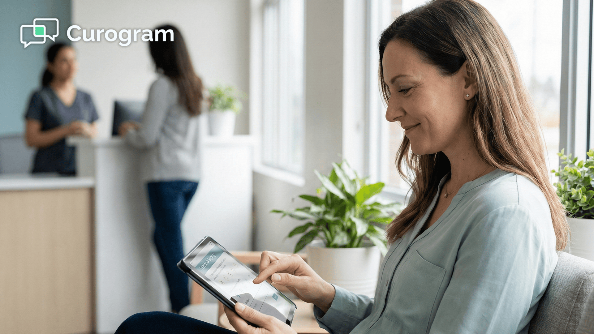 Patient completing feedback survey in clinic waiting room on tablet