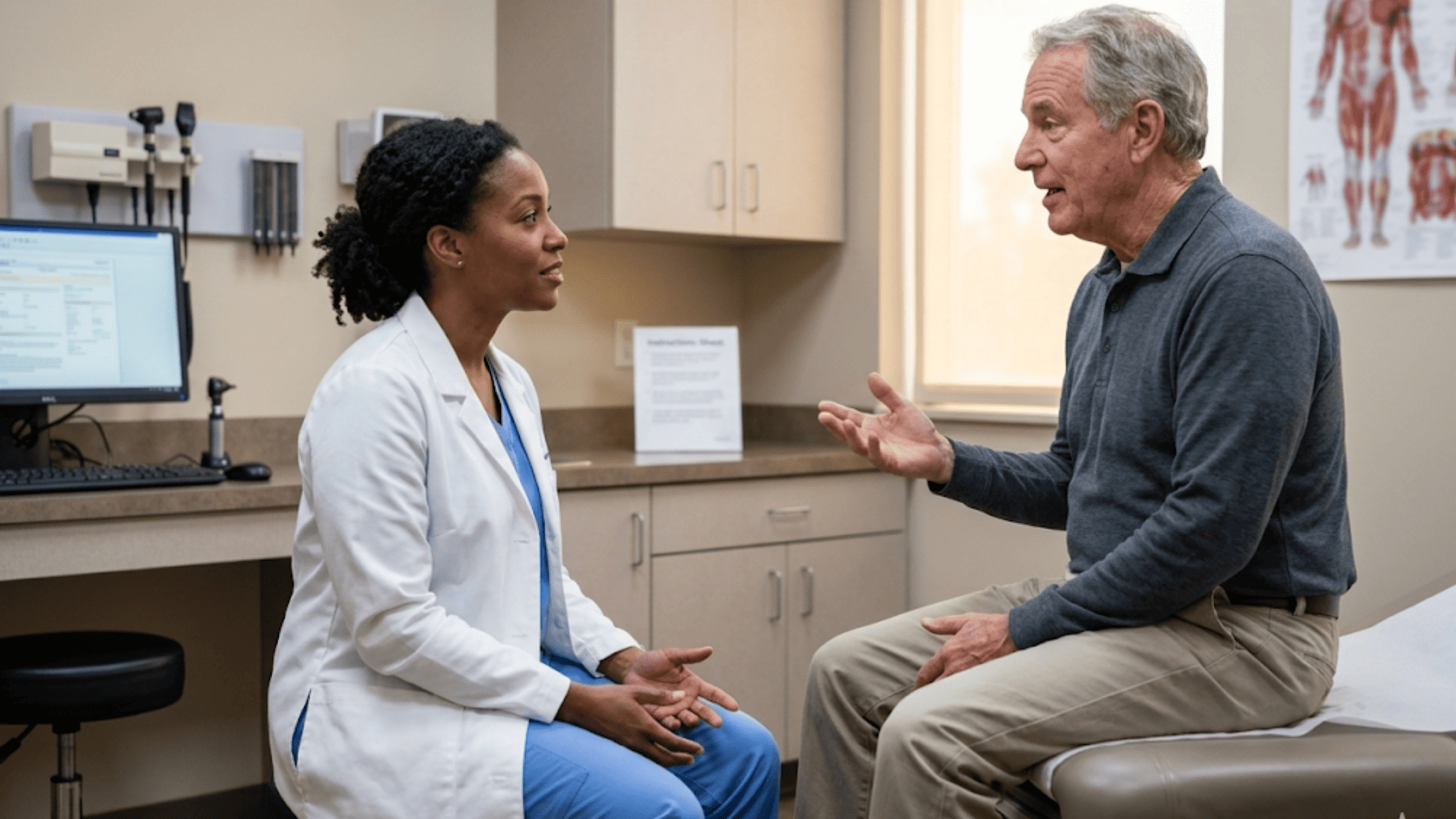 Older male patient explaining his care plan back to a female doctor during a teach-back conversation