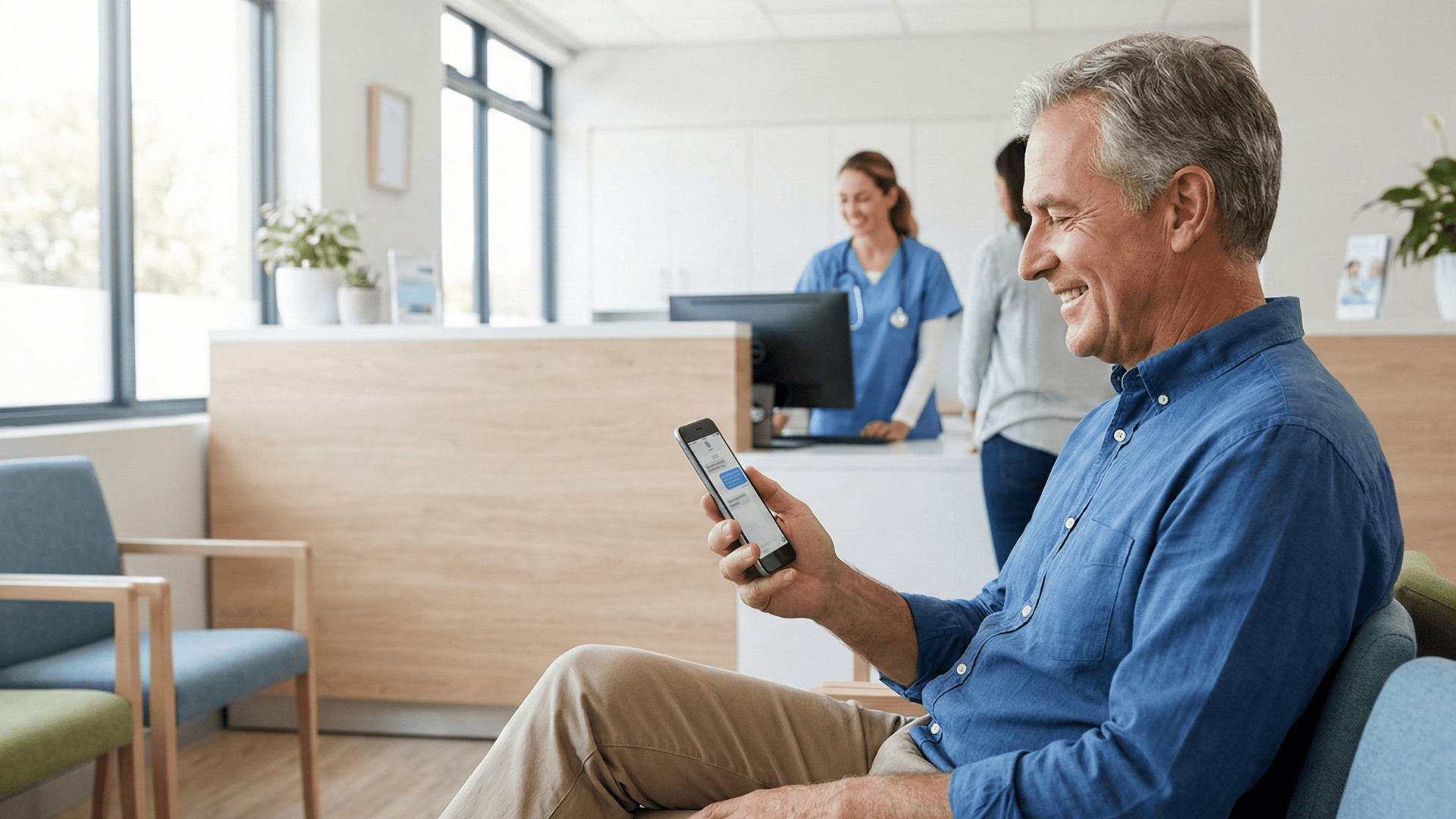 Patient smiling at phone after receiving SMS promotion from their medical practice