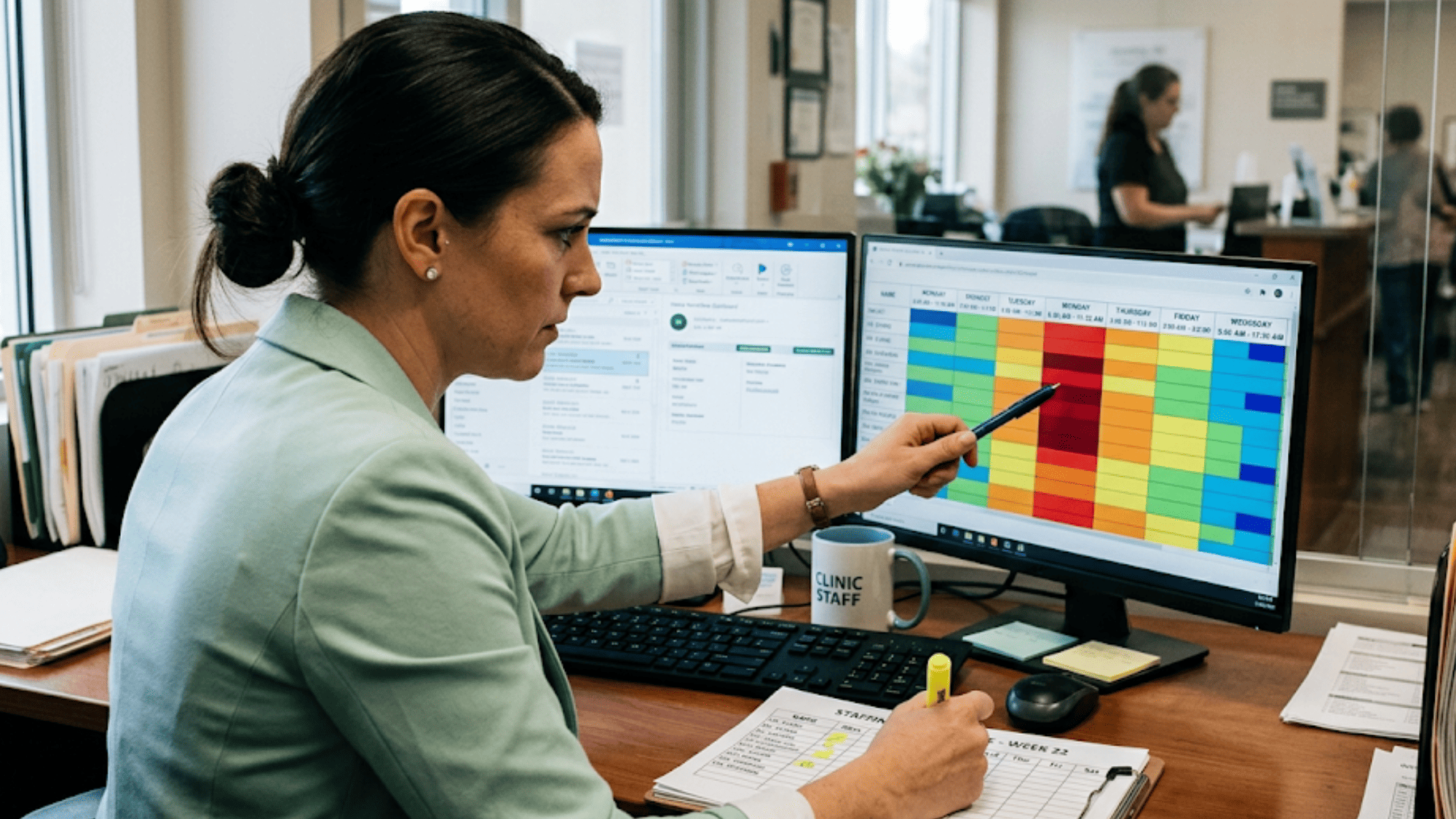 Medical practice administrator reviewing peak hour message volume heatmap while adjusting weekly staff schedule on her desk