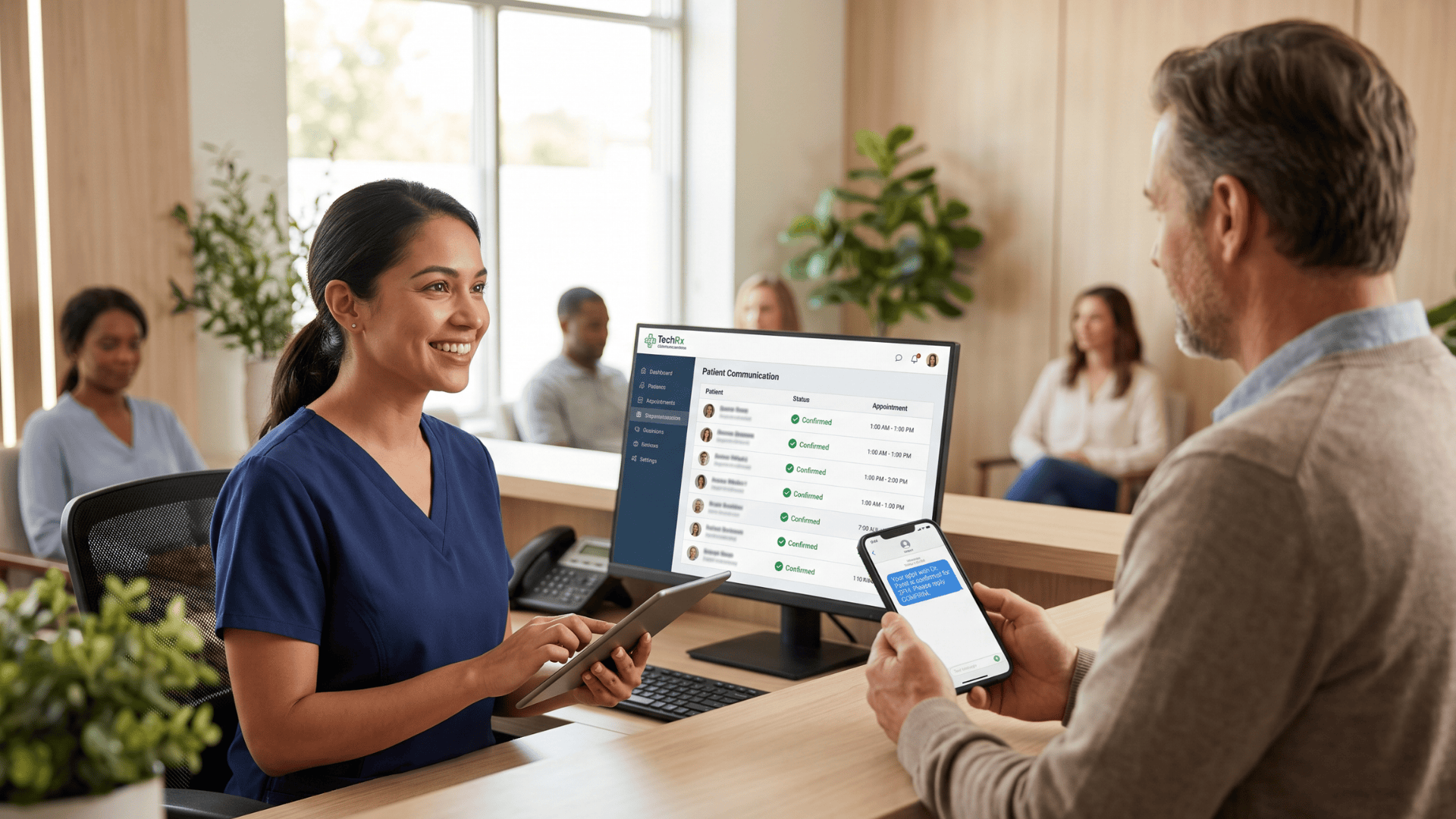 Medical receptionist helping a patient check in after SMS appointment confirmation at front desk.