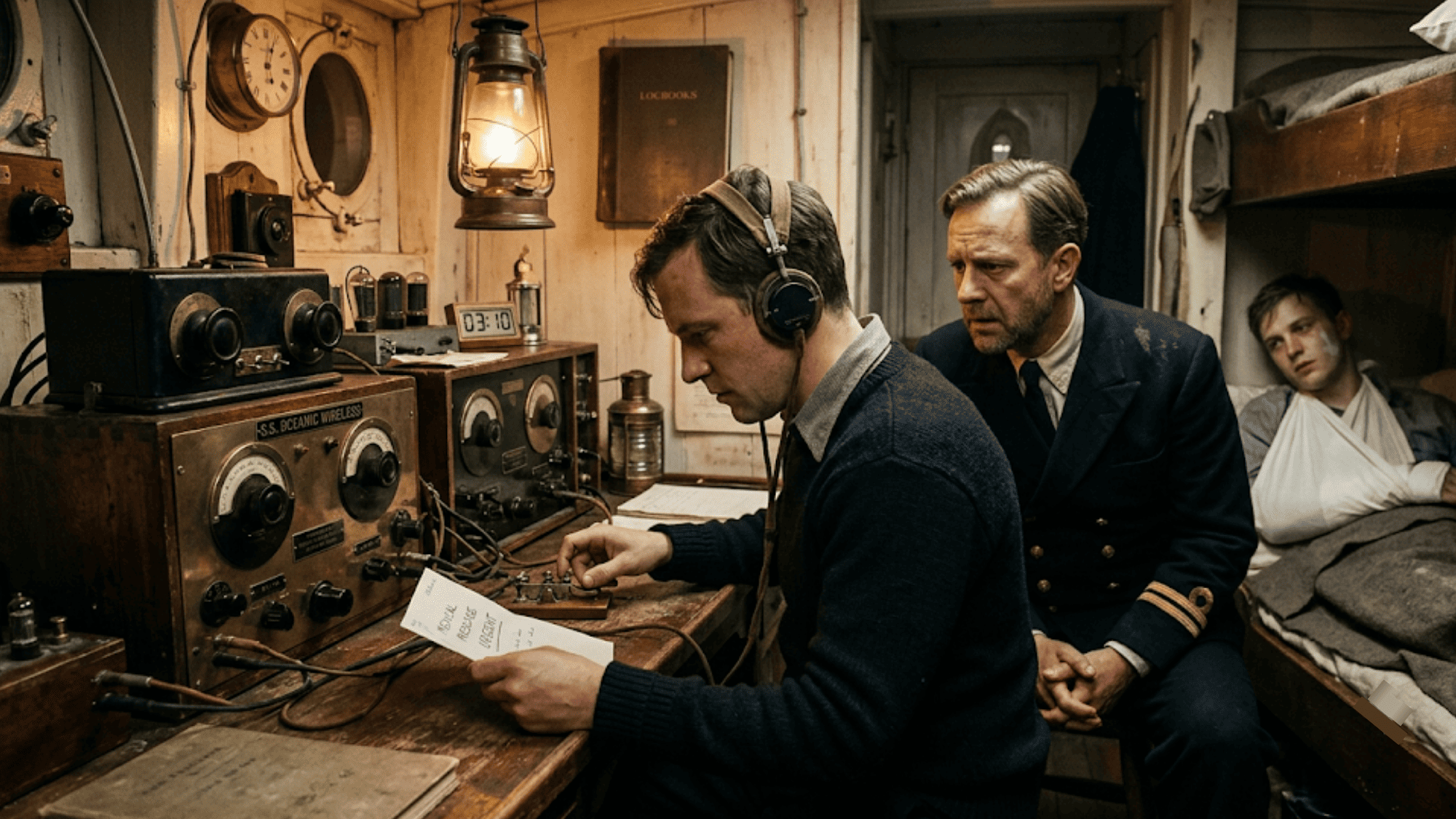 Early two-way radio operator aboard a 1920s ship transmitting a health message while an injured sailor rests nearby