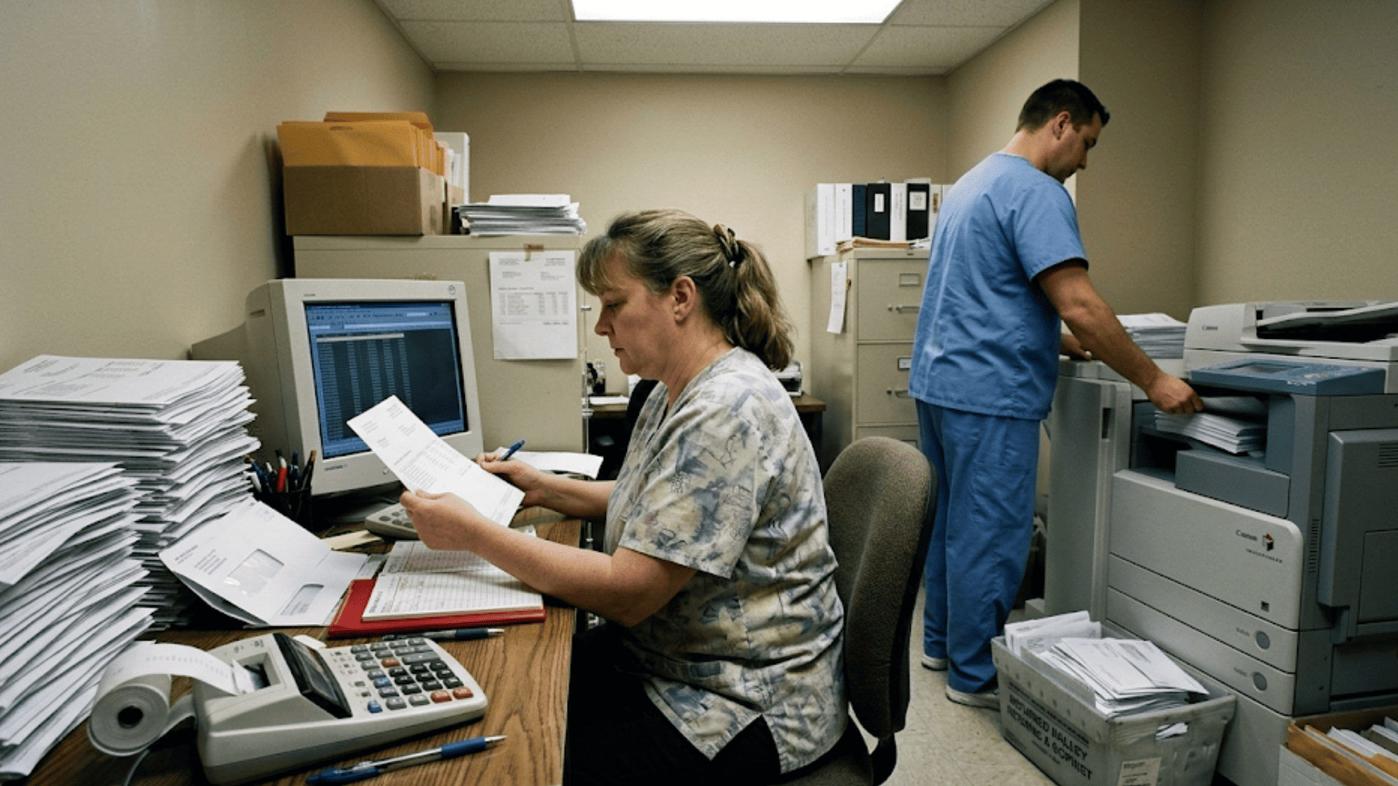 Billing staff member at cluttered desk sorting paper patient statements with stacks of mail and printed reports