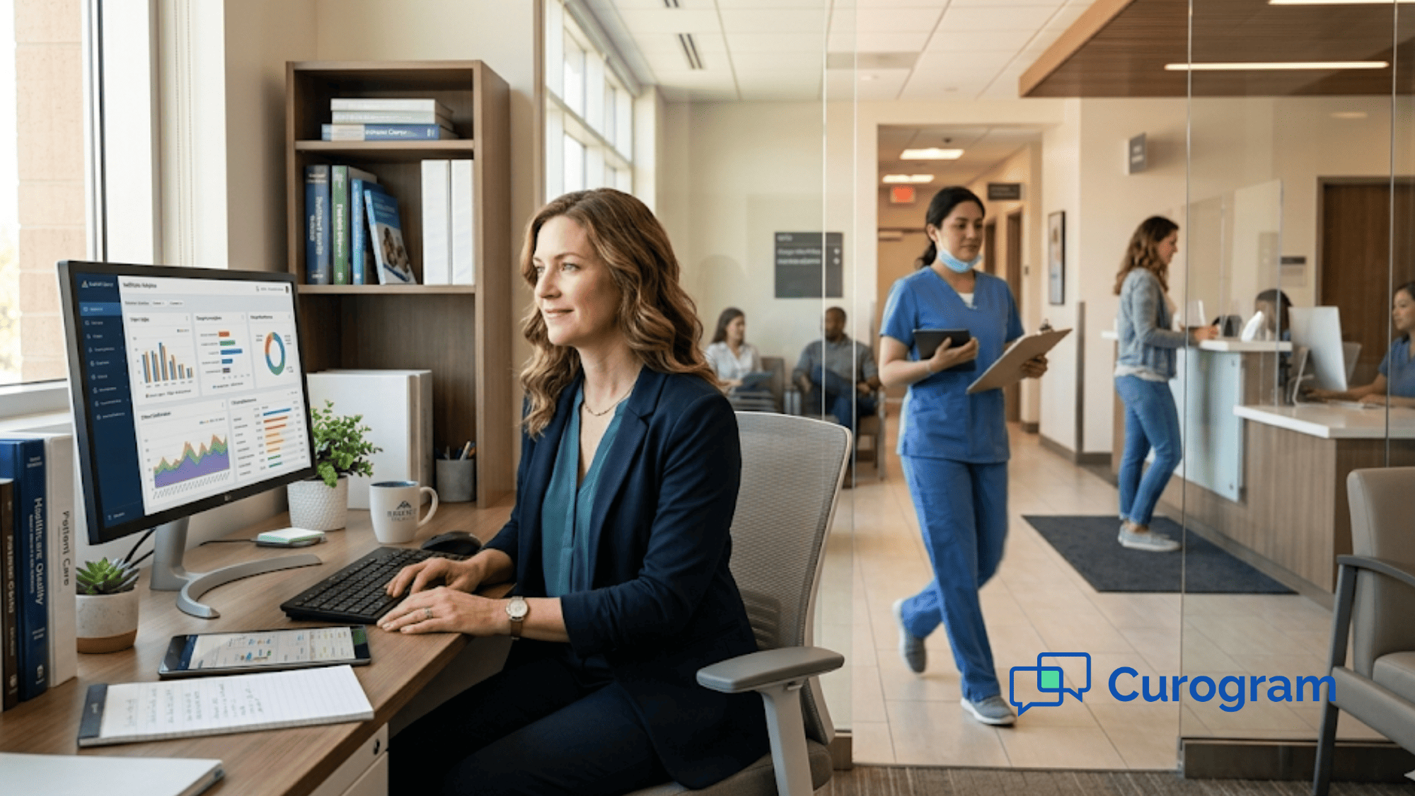 Quality manager reviewing patient recall campaign dashboard on her computer in a busy medical office