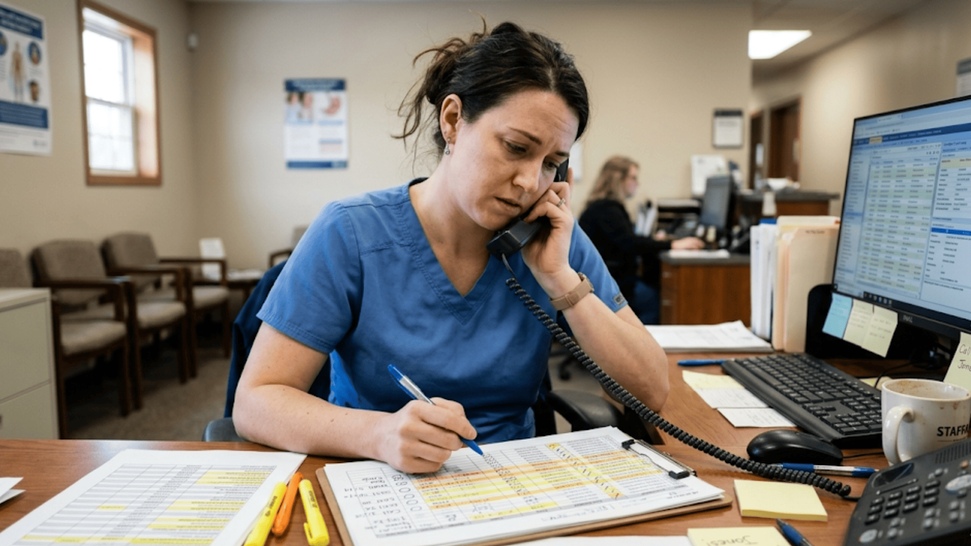 Medical assistant on the phone with a printed patient recall spreadsheet on her desk in a clinic