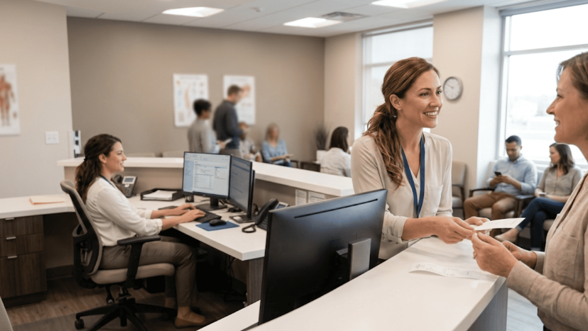 Busy clinic morning with staff focused on patient care instead of manual data entry