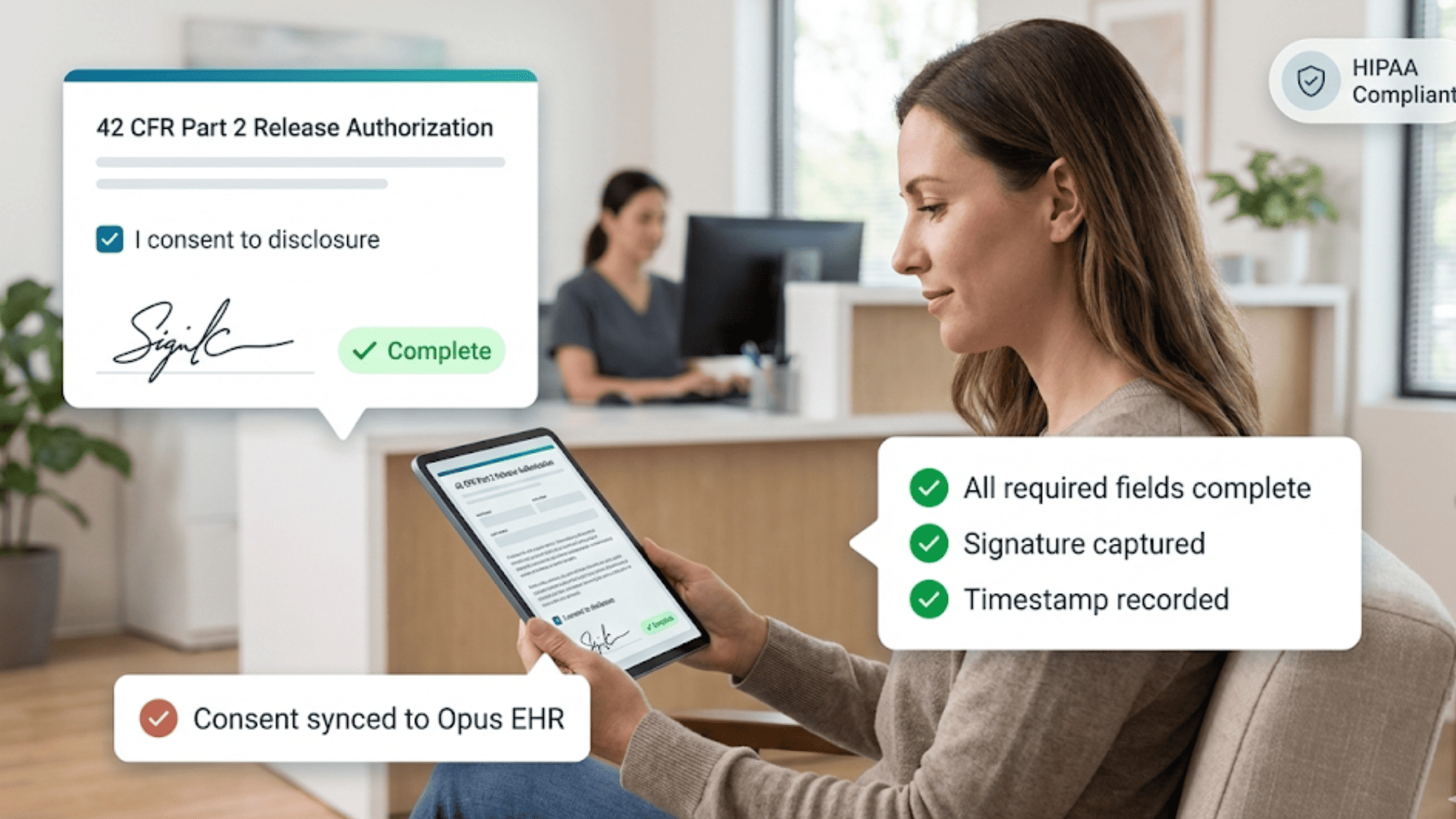 Patient completing digital intake form on smartphone while clinician reviews Opus EHR records