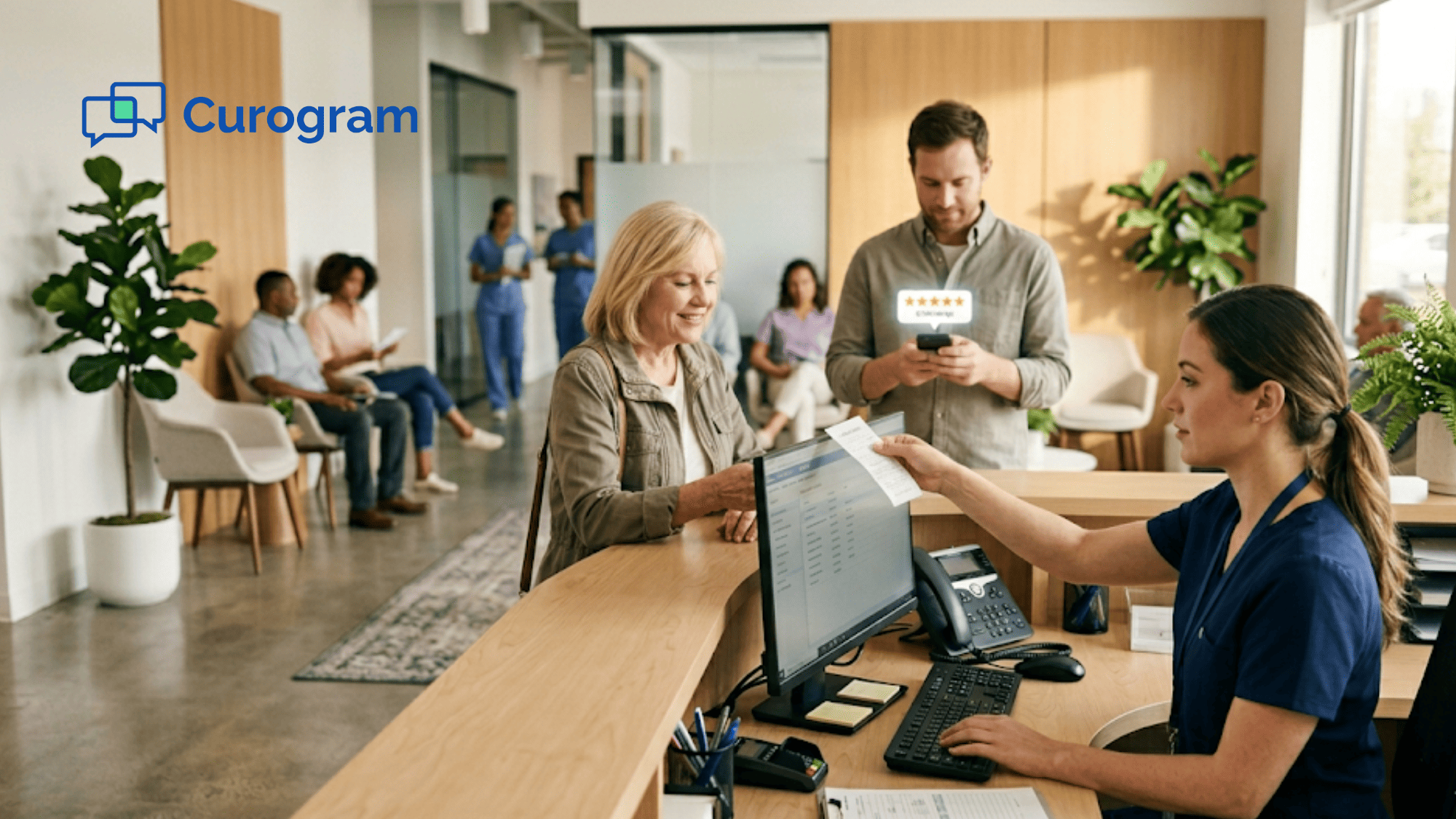 Medical receptionist multitasking at a busy practice front desk while a patient checks a smartphone in the background