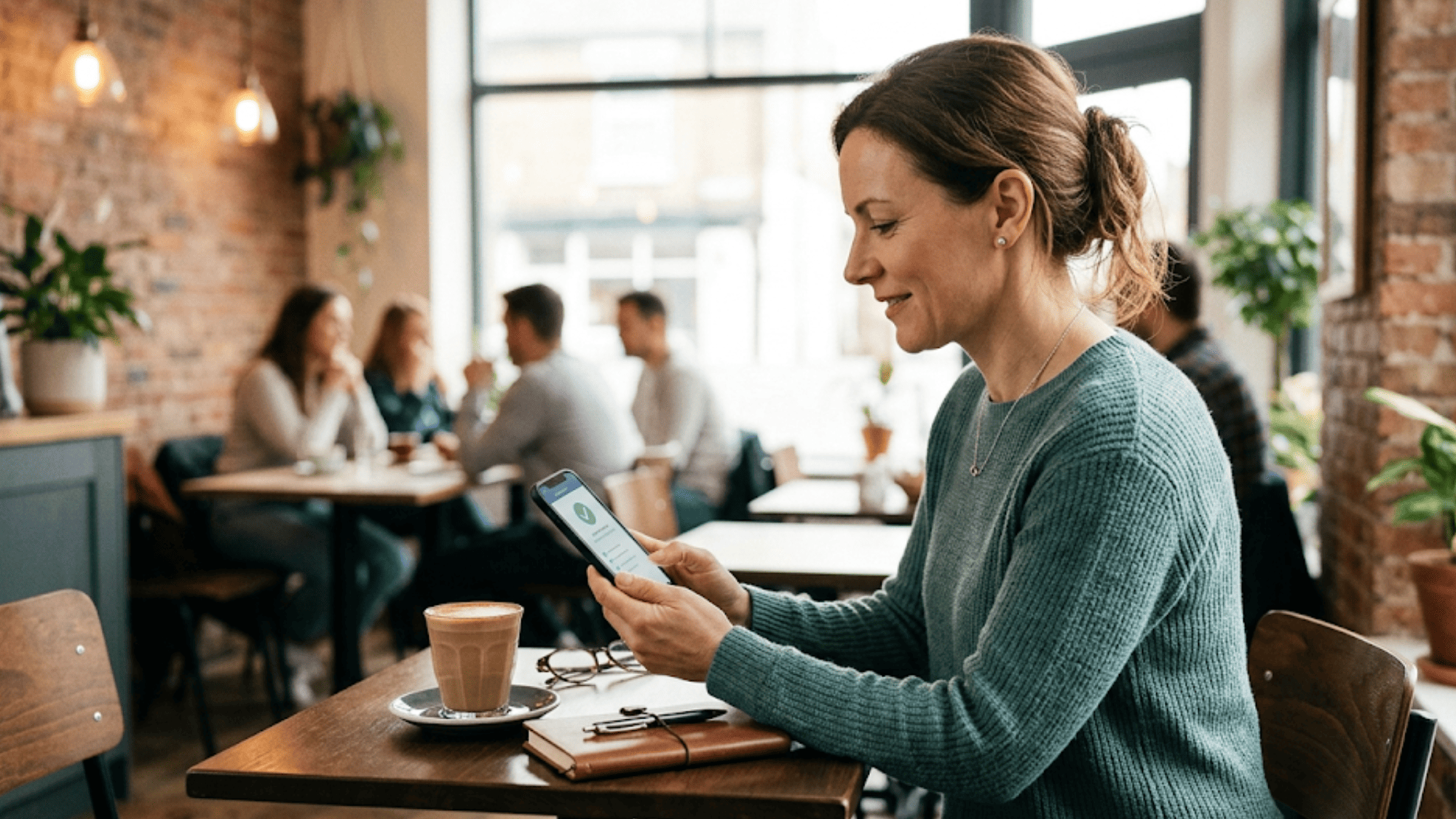 Patient using smartphone at a coffee shop