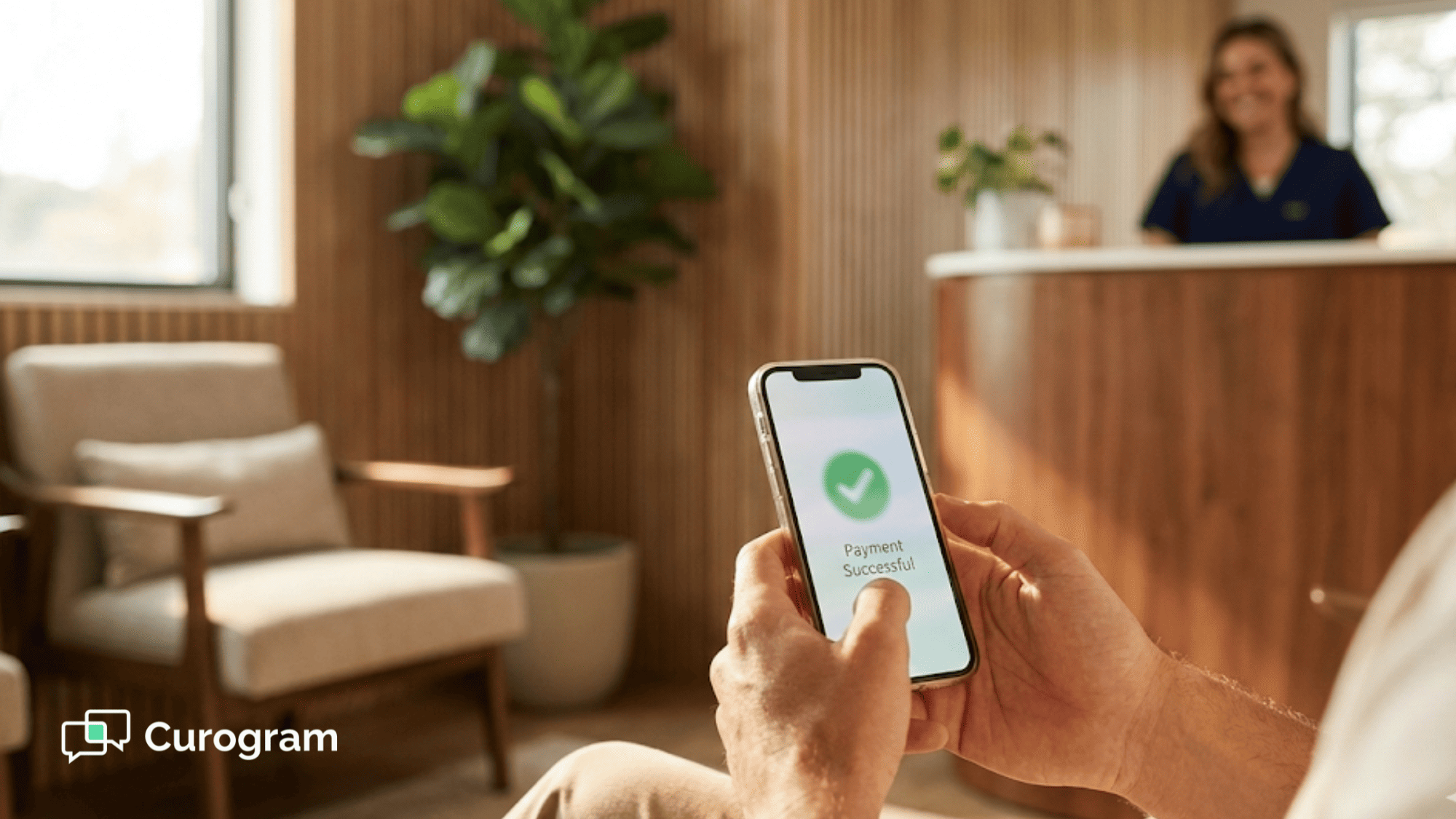 Patient using mobile phone to complete frictionless medical billing payment in boutique practice waiting room