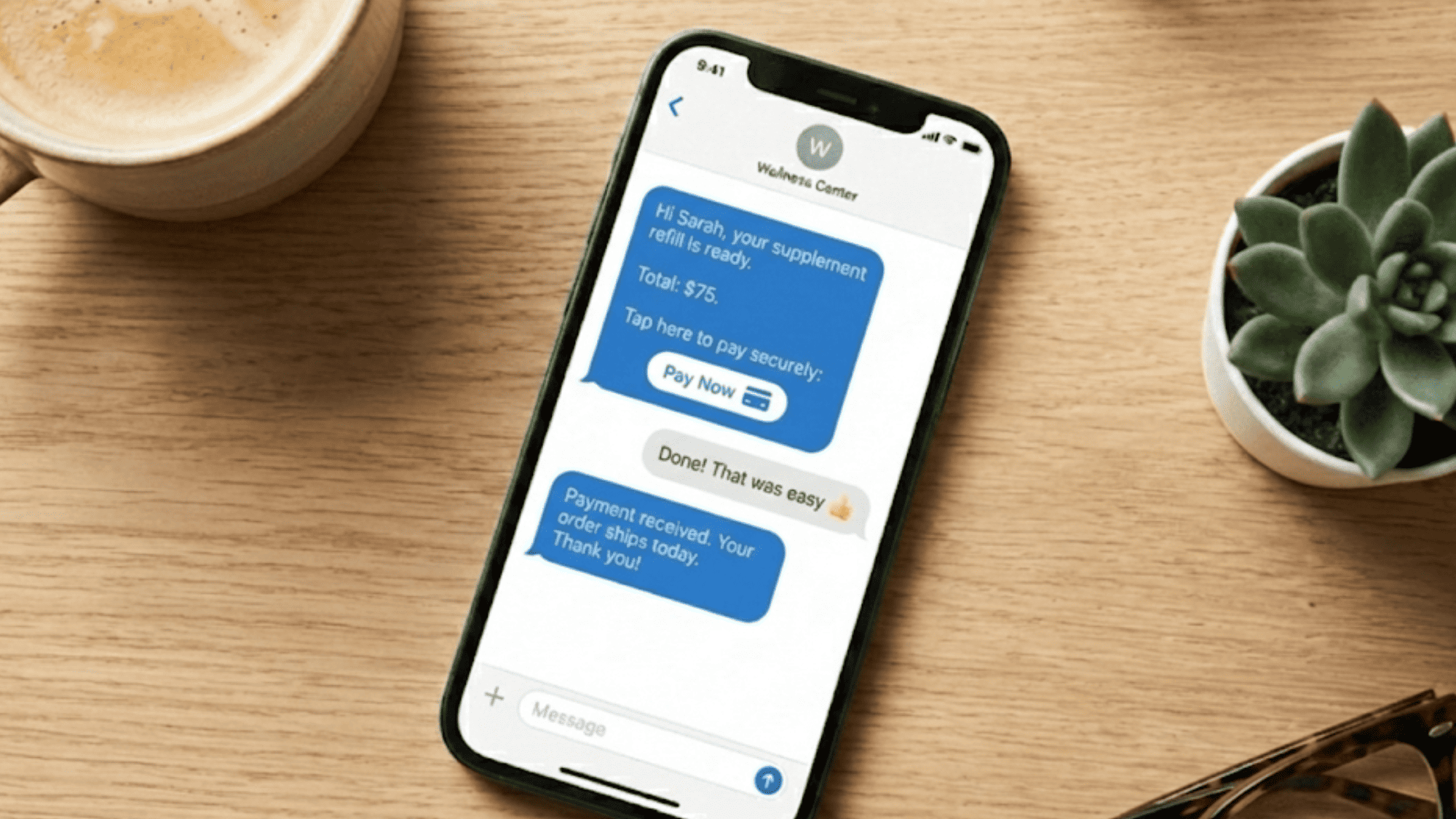 SMS payment link conversation showing text-to-pay for doctors workflow on smartphone