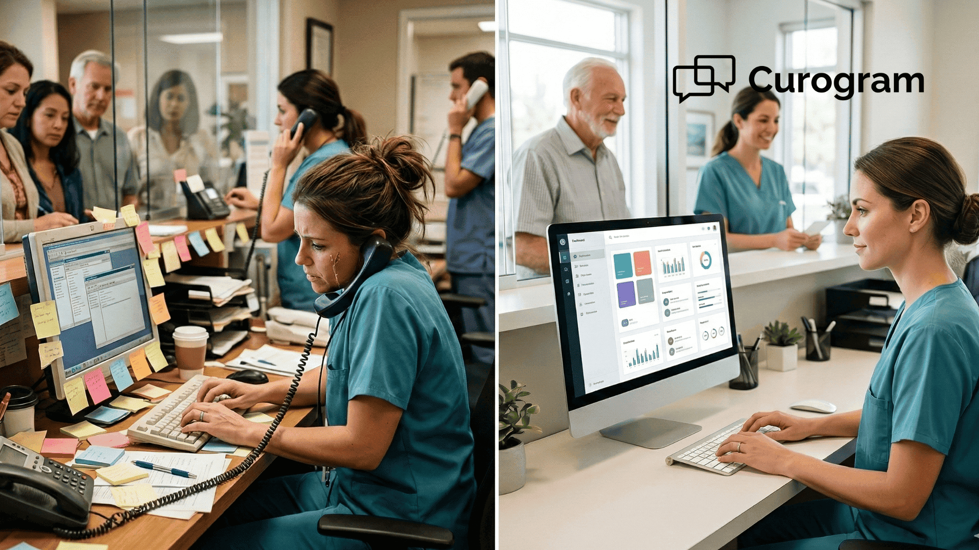 Busy medical front desk staff on phones vs calm text-first front desk handling patients efficiently