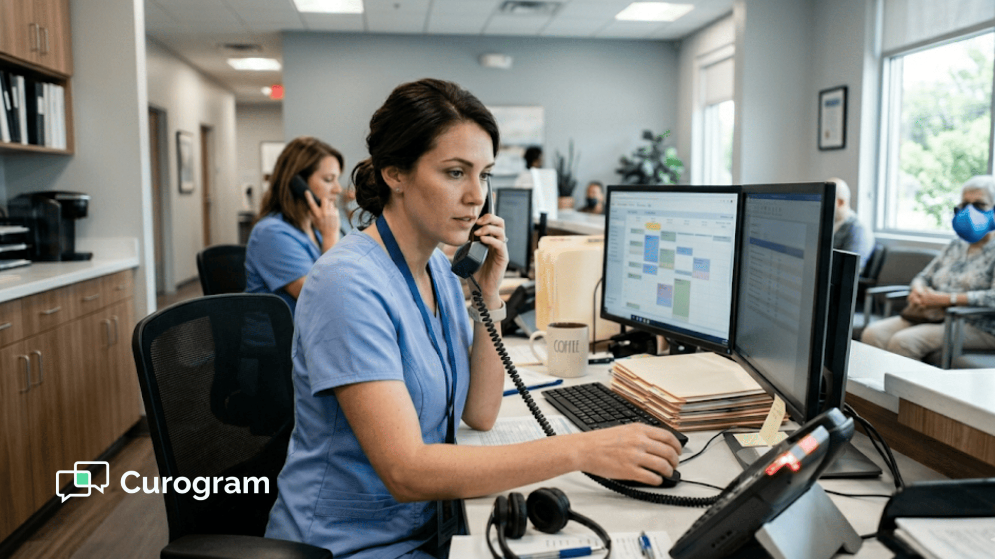 Oncology front desk receptionist managing multiple phone calls during busy morning shift
