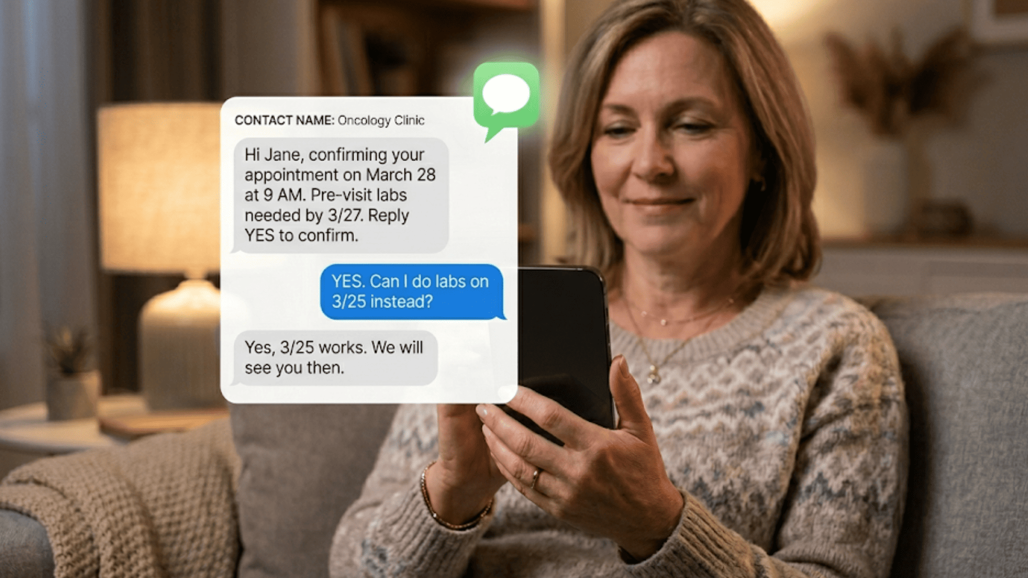 Patient replying to clinic appointment reminder via secure text message thread