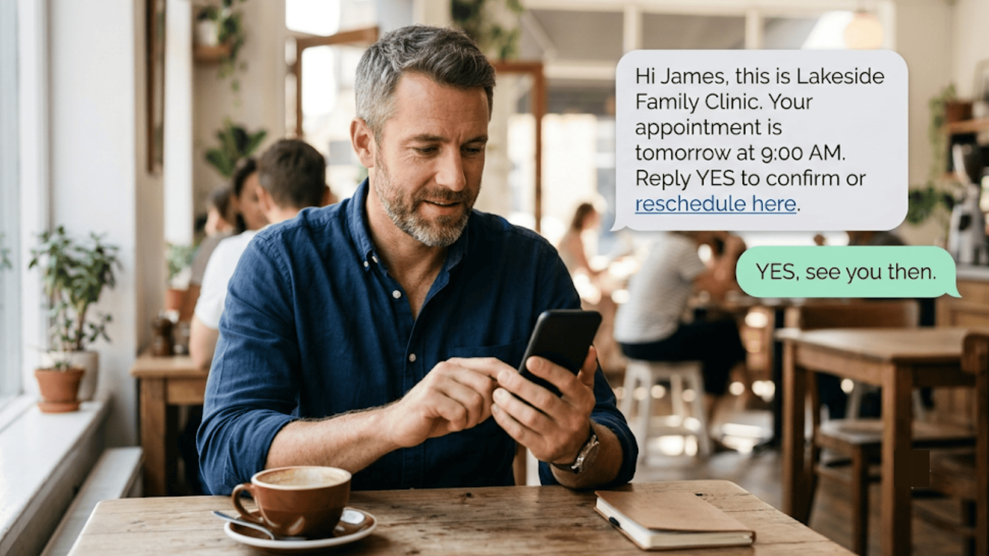 Patient confirming an appointment by text as a clinic reminder and reschedule link appear in floating message bubbles