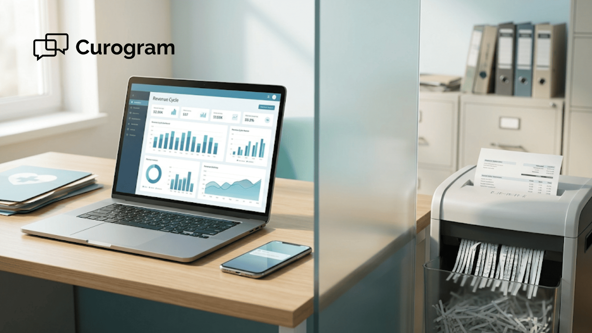 OBL administrator workspace with laptop showing Medstreaming billing automation dashboard