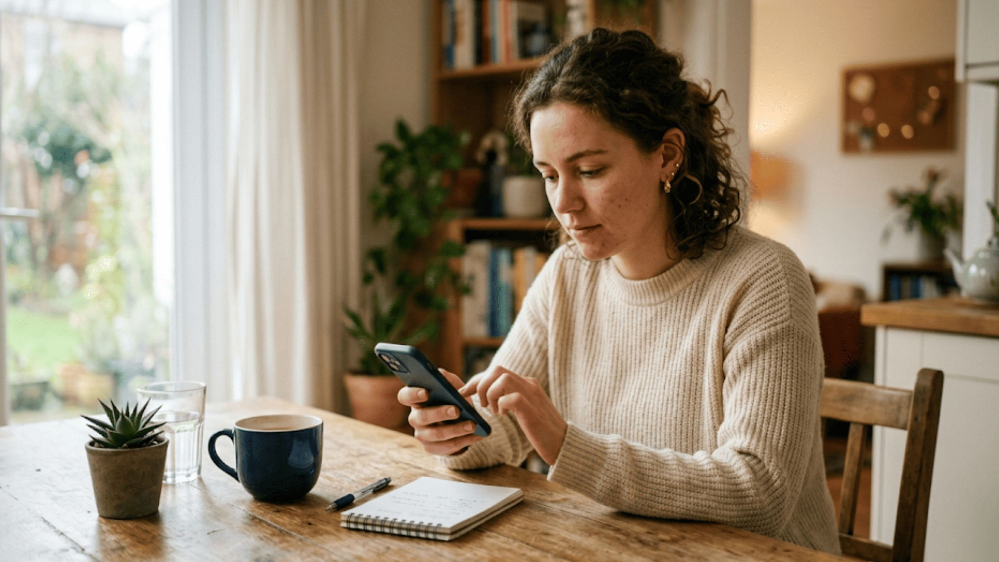 SUD client completing  forms on a phone at the kitchen table