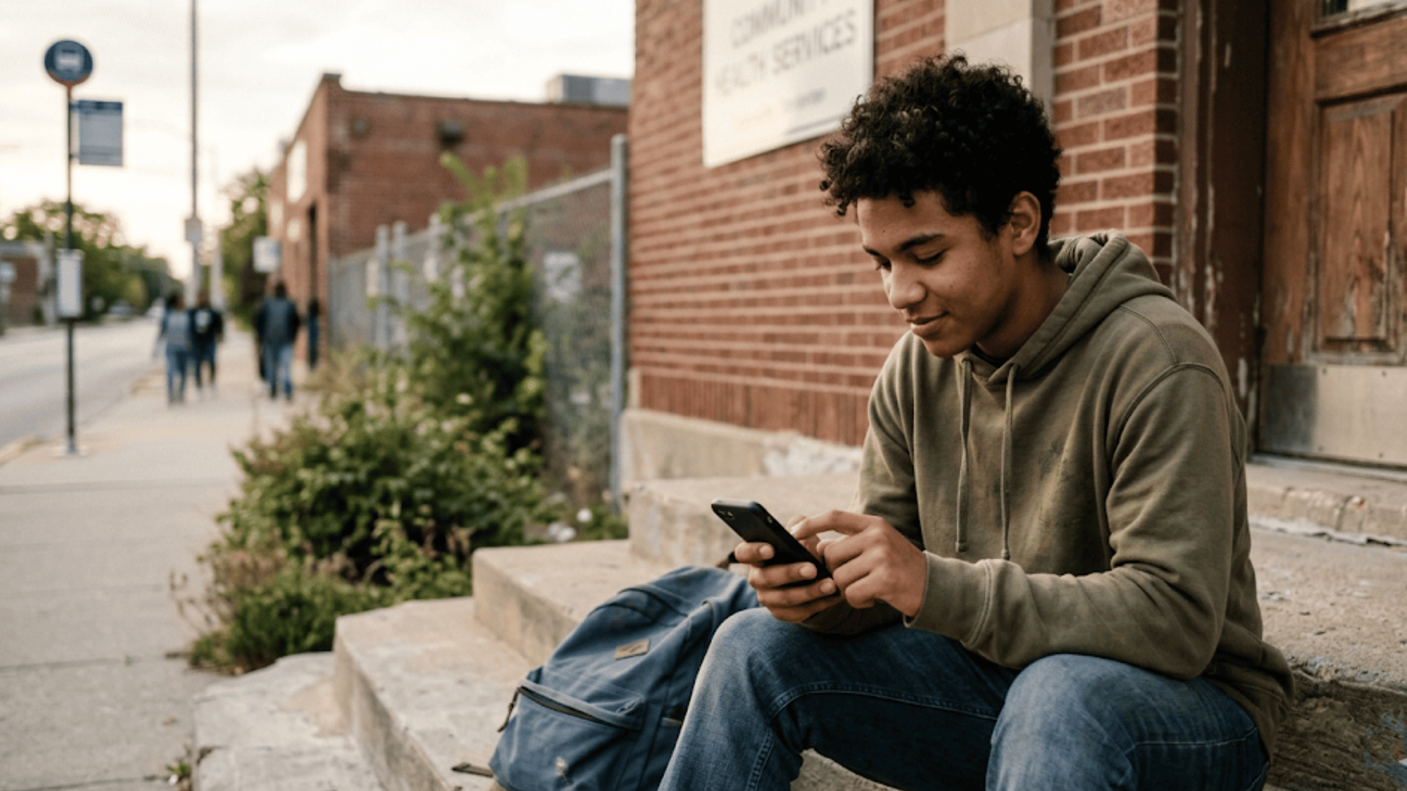 Young person sitting on steps outside a group home tapping a mobile intake form on their smartphone