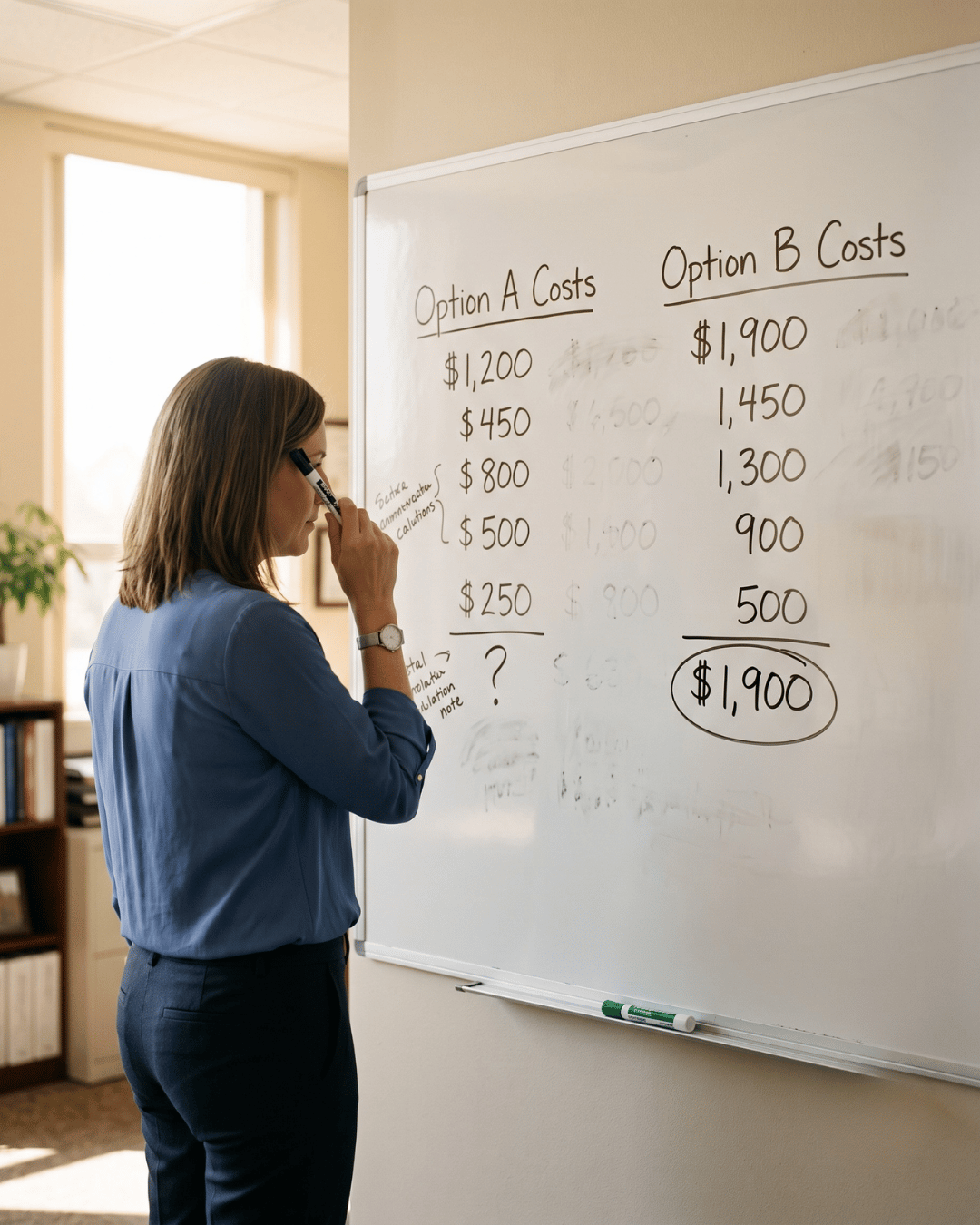 Practice manager mapping Luma Health and Curogram costs on an office whiteboard