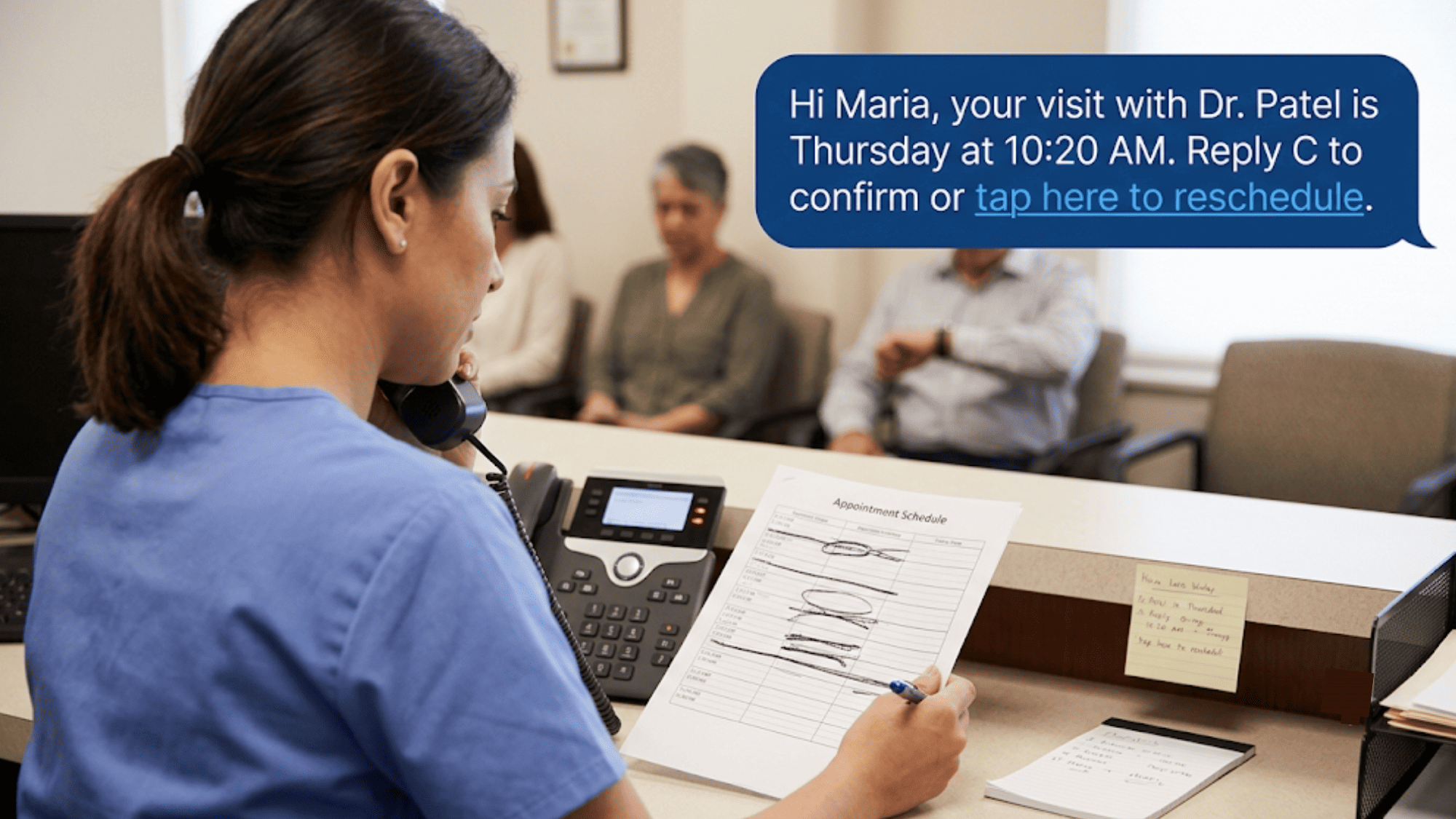 Clinic front desk handling no-show rescheduling with an appointment reminder text offering a reschedule option